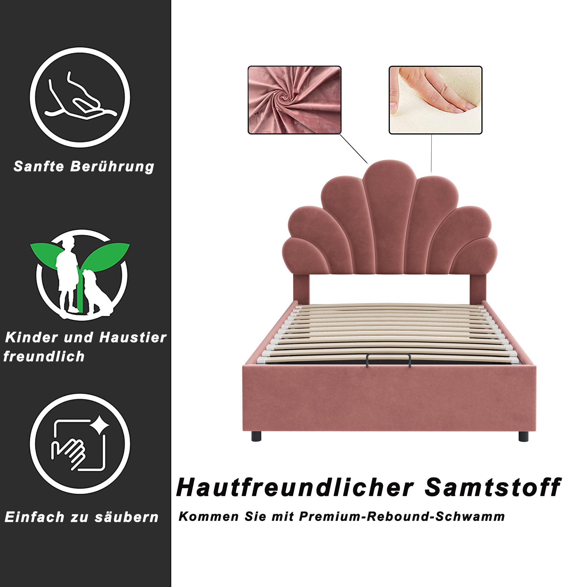Merax Polsterbett 90x200cm mit floralem Kopfteil (1-tlg), Kinderbett mit St günstig online kaufen