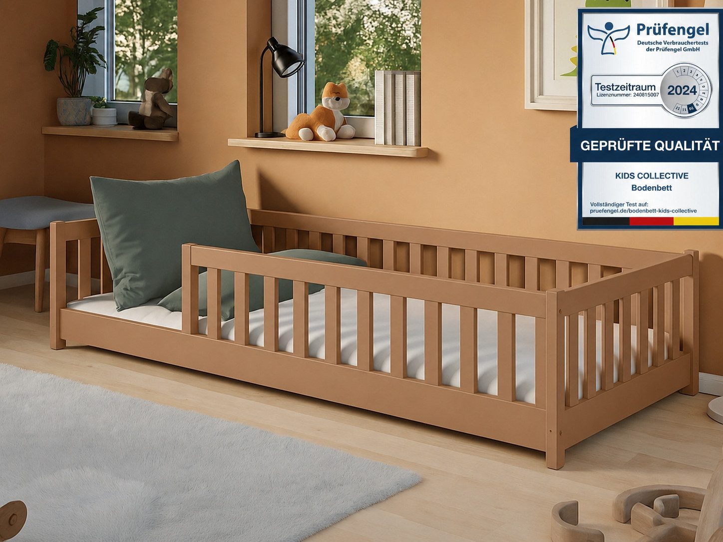 Kids Collective Kinderbett Bodenbett Bett mit Rausfallschutz & Lattenrost Montessori Bett Kinder (weitere Größen 80x160, 90x200, 120x200, 140x200 cm), mit Matratze Jugendbett Einzelbett Zimt 80x180 cm