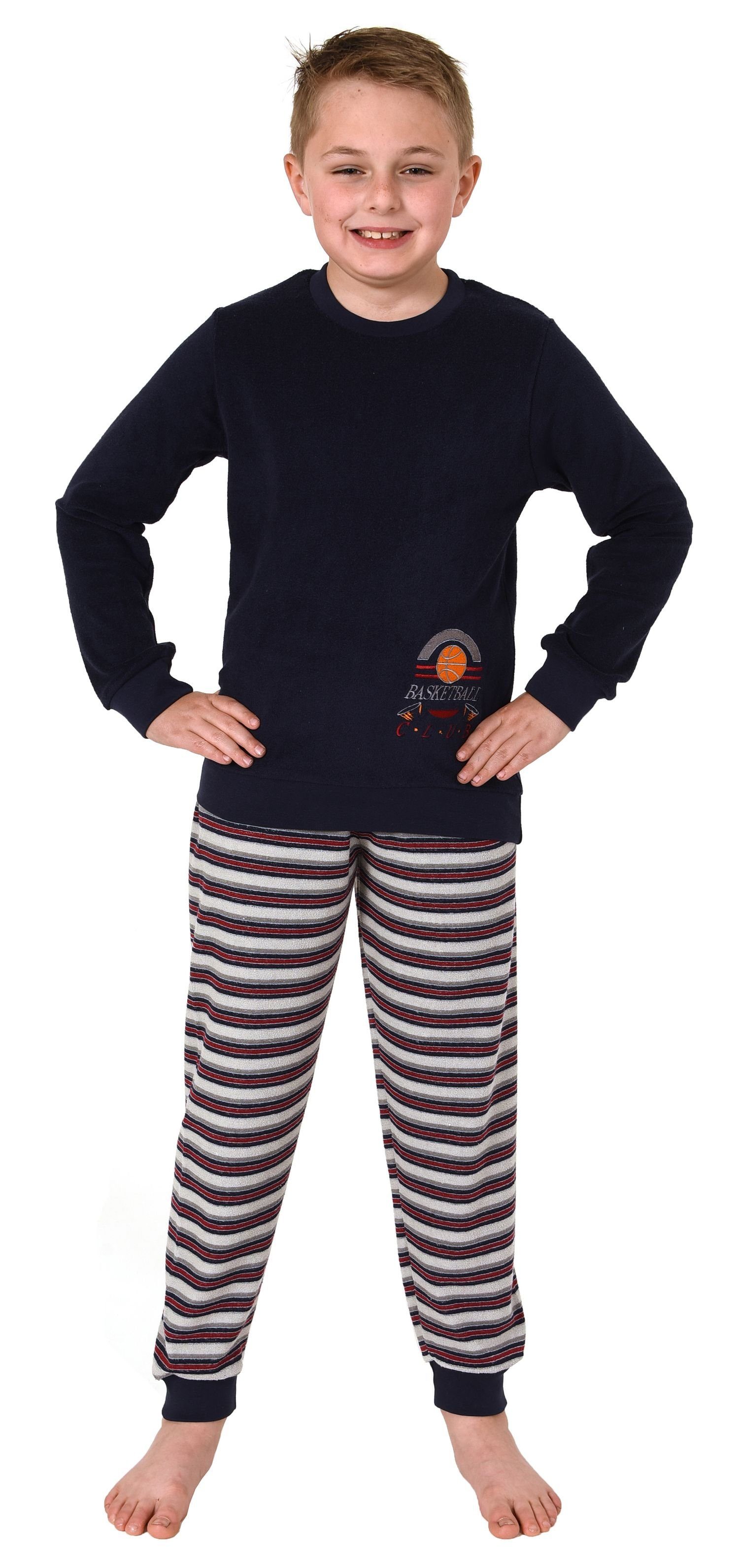 Normann Pyjama Jungen Frottee langarm Schlafanzug mit Bündchen und Basketball-Motiv grau