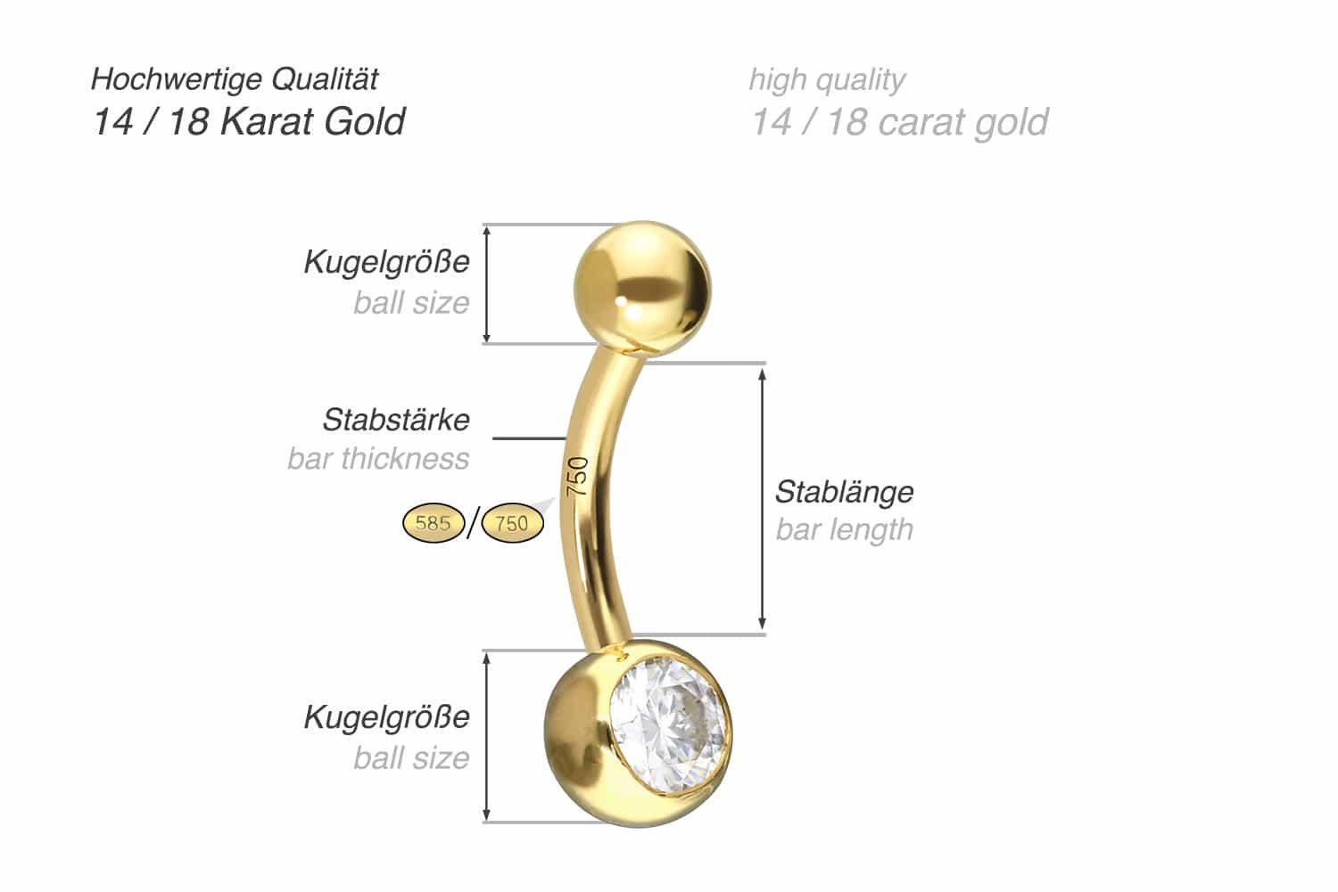 PIERCINGLINE Bauchnabelpiercing 14/18 Karat Gold Mini Bananabell MOISSANIT (Bananabells, 1-tlg)
