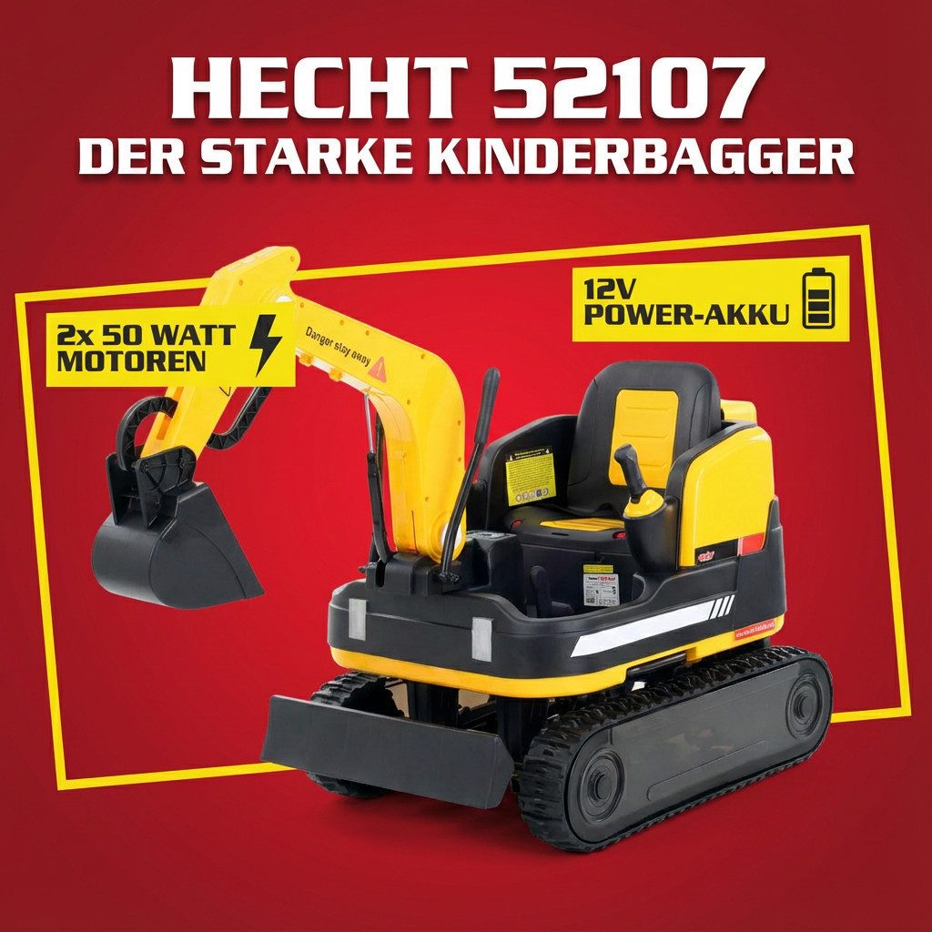 Hecht Elektro-Kinderbagger Traktor 52107 mit Fernbedienung beweglicher Baggerarm bis 30 kg, Belastbarkeit 30 kg, 2x50W, 2 - 5 kmh, 12V, 12Ah Akku Kinder Fahrzeug