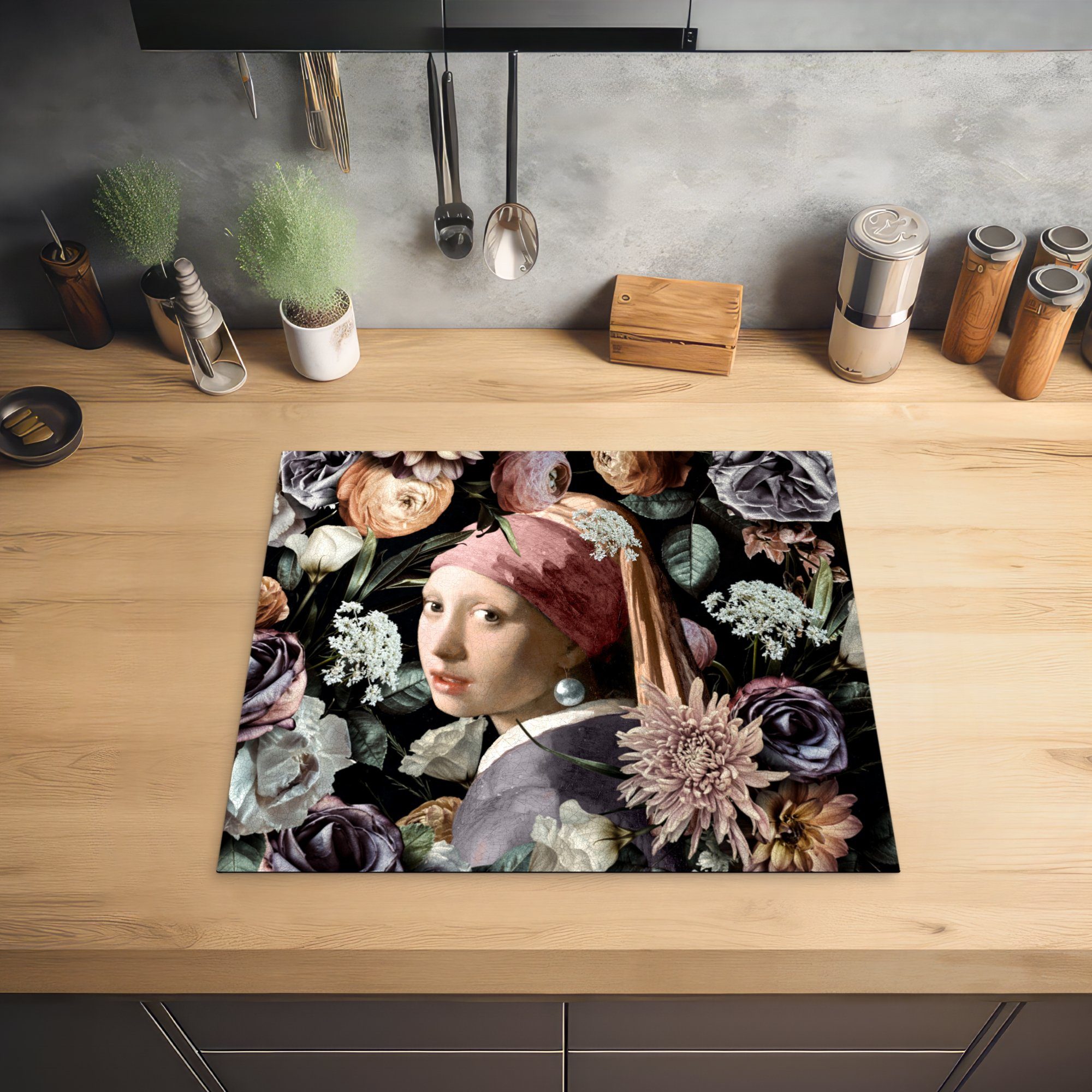 MuchoWow Herd-Abdeckplatte Mädchen mit Perlenohrring - Blumen - Vermeer - Pastell - Kunstwerk - G, Vinyl, (1 tlg), Cerankochfeld Abdeckung, Herd Abdeckplatten Vinyl, 58x51 cm