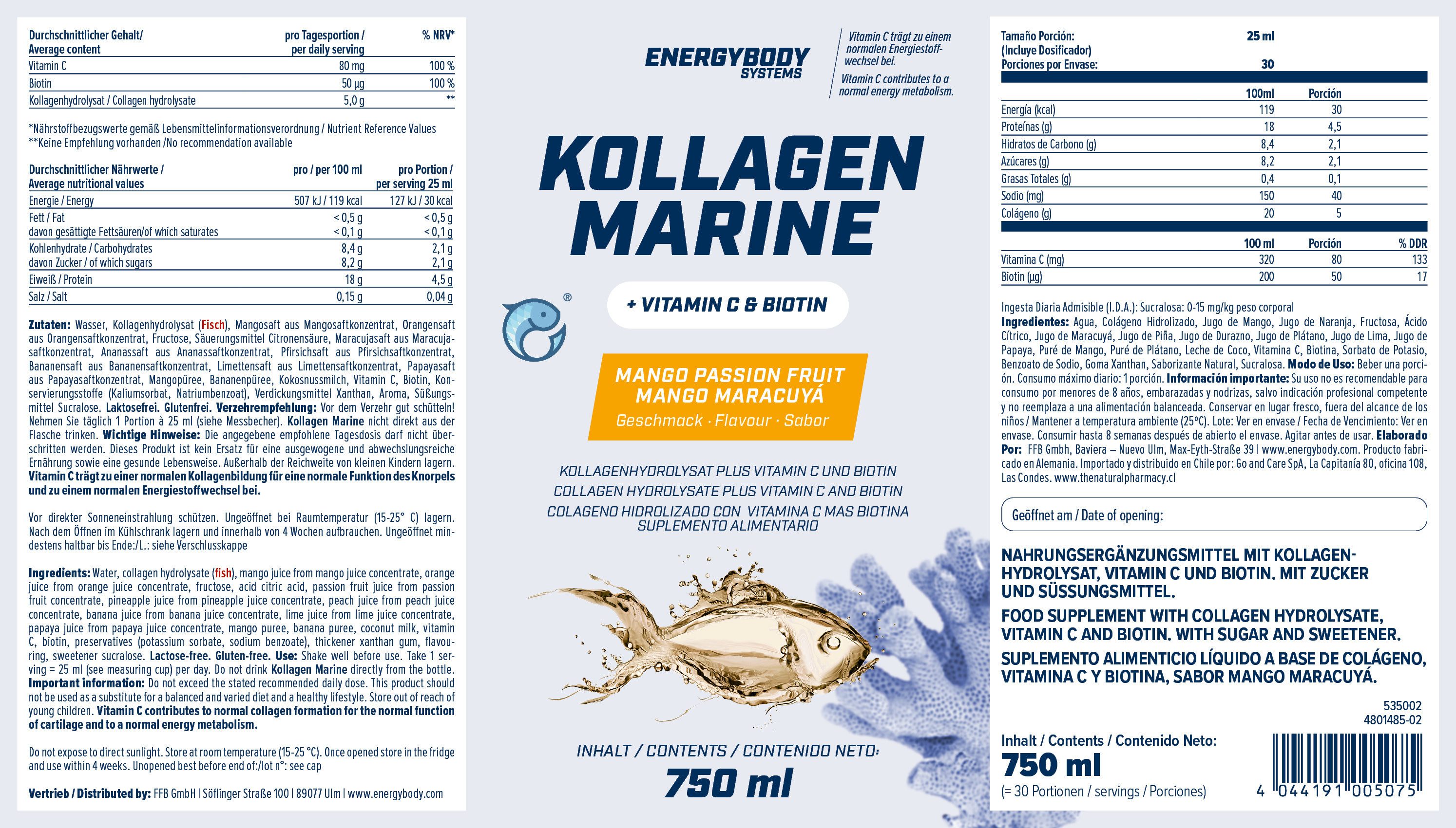 Energybody Systems Marine Kollagen Hydrolysat aus Fisch mit Vitamin C und Biotin Flüssigkeit, mit Dosierbecher