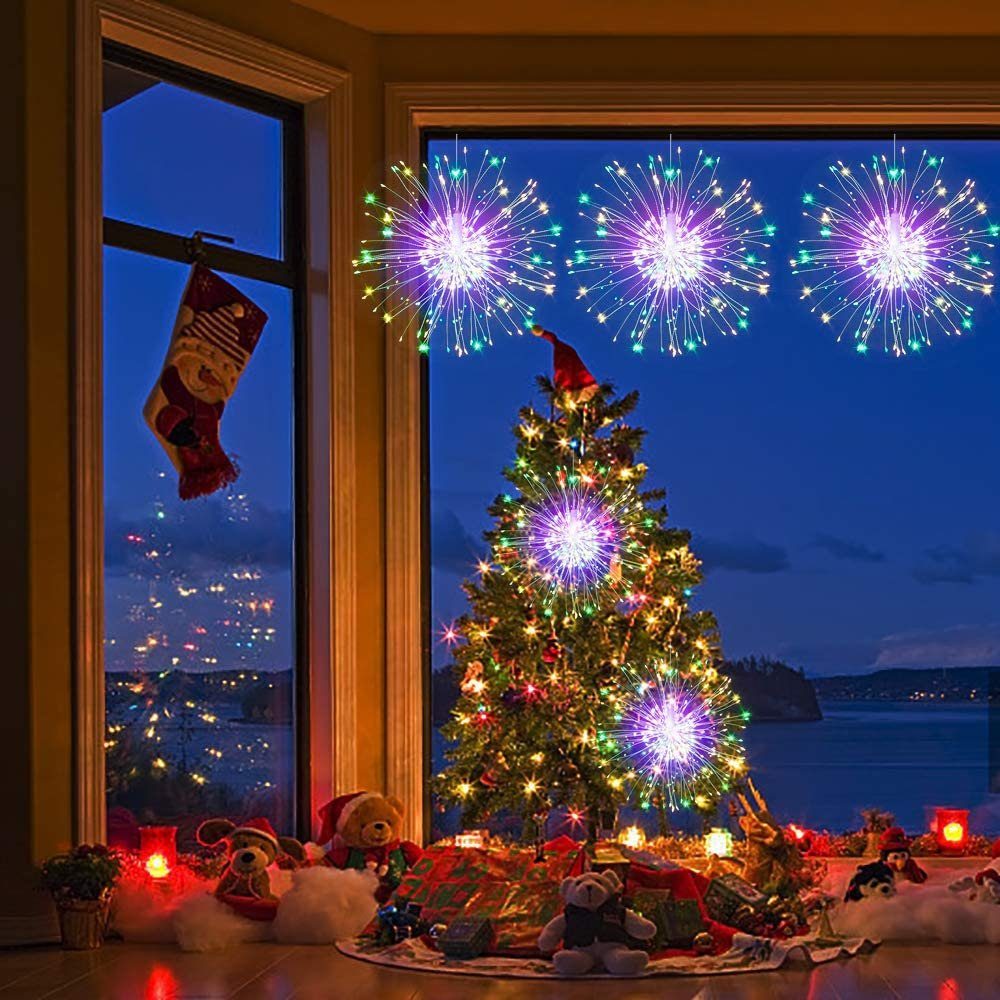 Wasserdicht Außen LED Modi, LED-Lichterkette Fernbedienung, Mehrfarbig Batterie, Hängende Innen Party 200 Weihnachtsdeko Starburst, Lichter,8 mit Feuerwerk Sunicol für