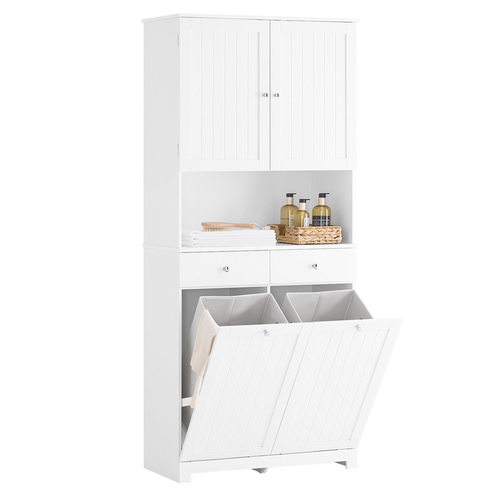 SoBuy Hochschrank BZR215, Badezimmerschrank Badschrank Aufbewahrungsschrank Badmöbel Wäscheschrank mit 2 Wäschekörben, verstellbaren Ablagen, Schublade
