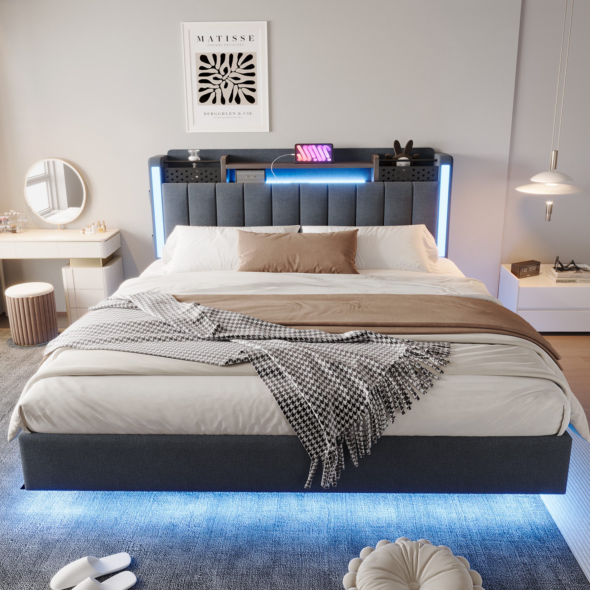 Flieks Polsterbett, LED Schwebebett Doppelbett 160x200cm mit USB-Aufladen u günstig online kaufen