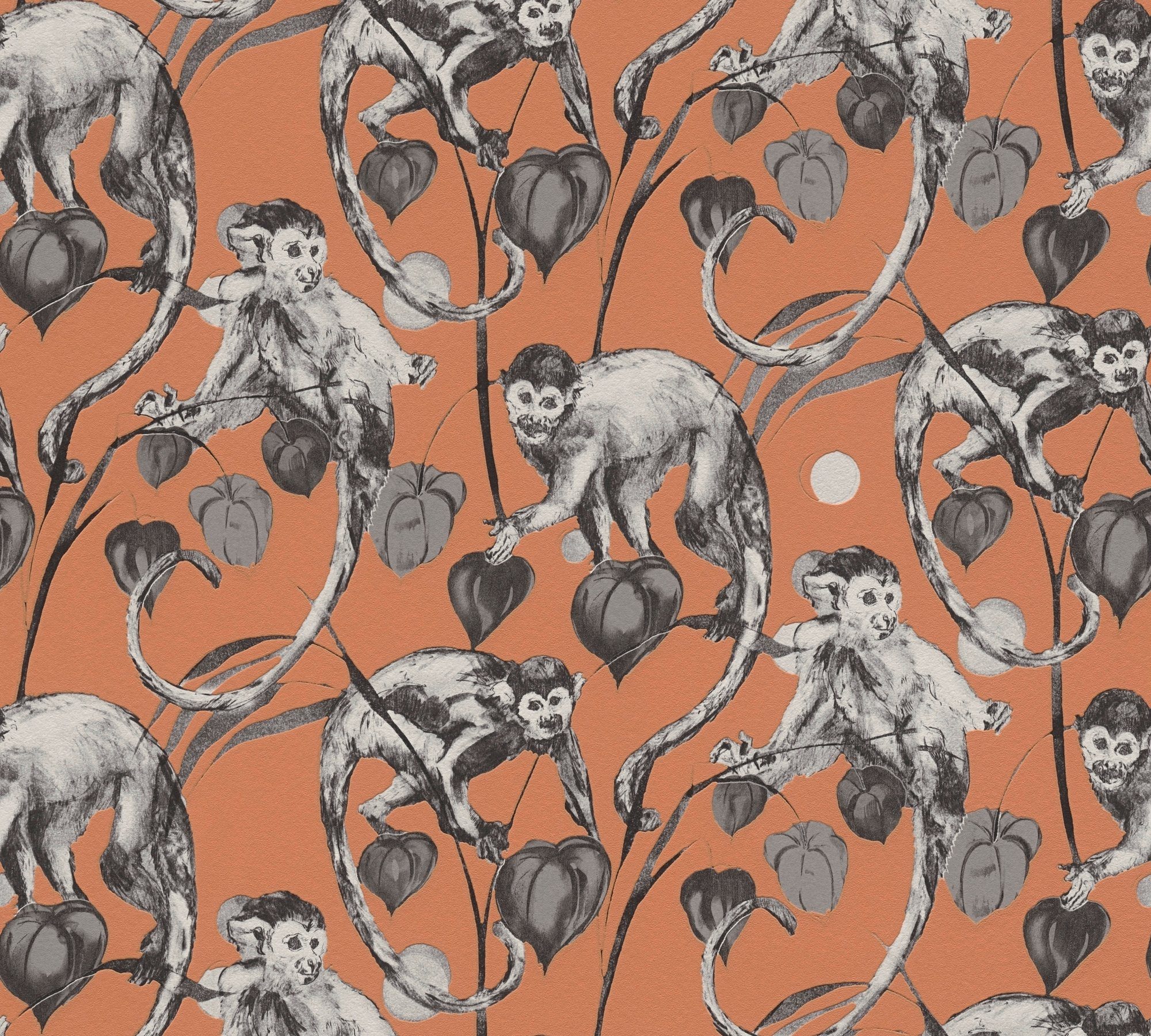 A.S. Création METROPOLIS BY MICHALSKY LIVING Vliestapete Change is good, Mad Monkeys, botanisch, floral, tropisch, Designertapete Tapete Dschungel orange/grau/schwarz