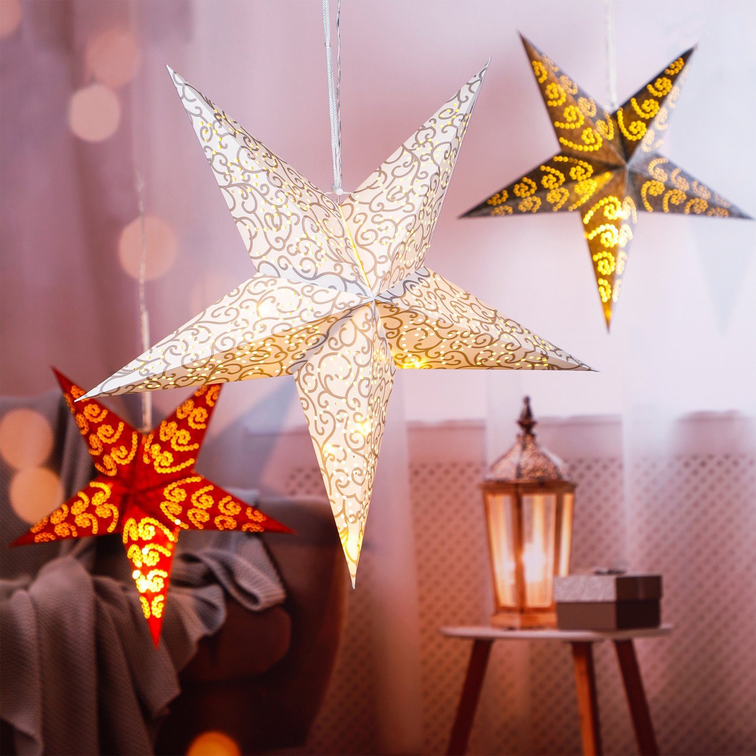 Mojawo Lichtervorhang LED Papierstern Ø 60cm Fensterstern Faltstern Innen w günstig online kaufen