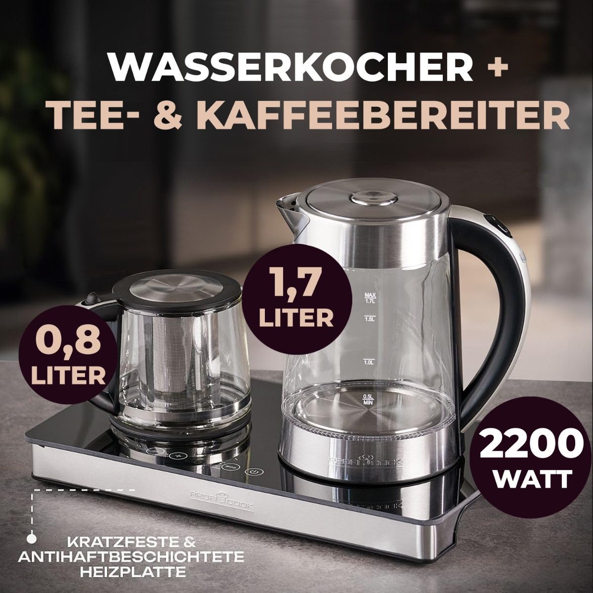 ProfiCook Wasserkocher PC-TKS 1056, 3in1 Wasserkocher, Kaffeemaschine und Teekocher