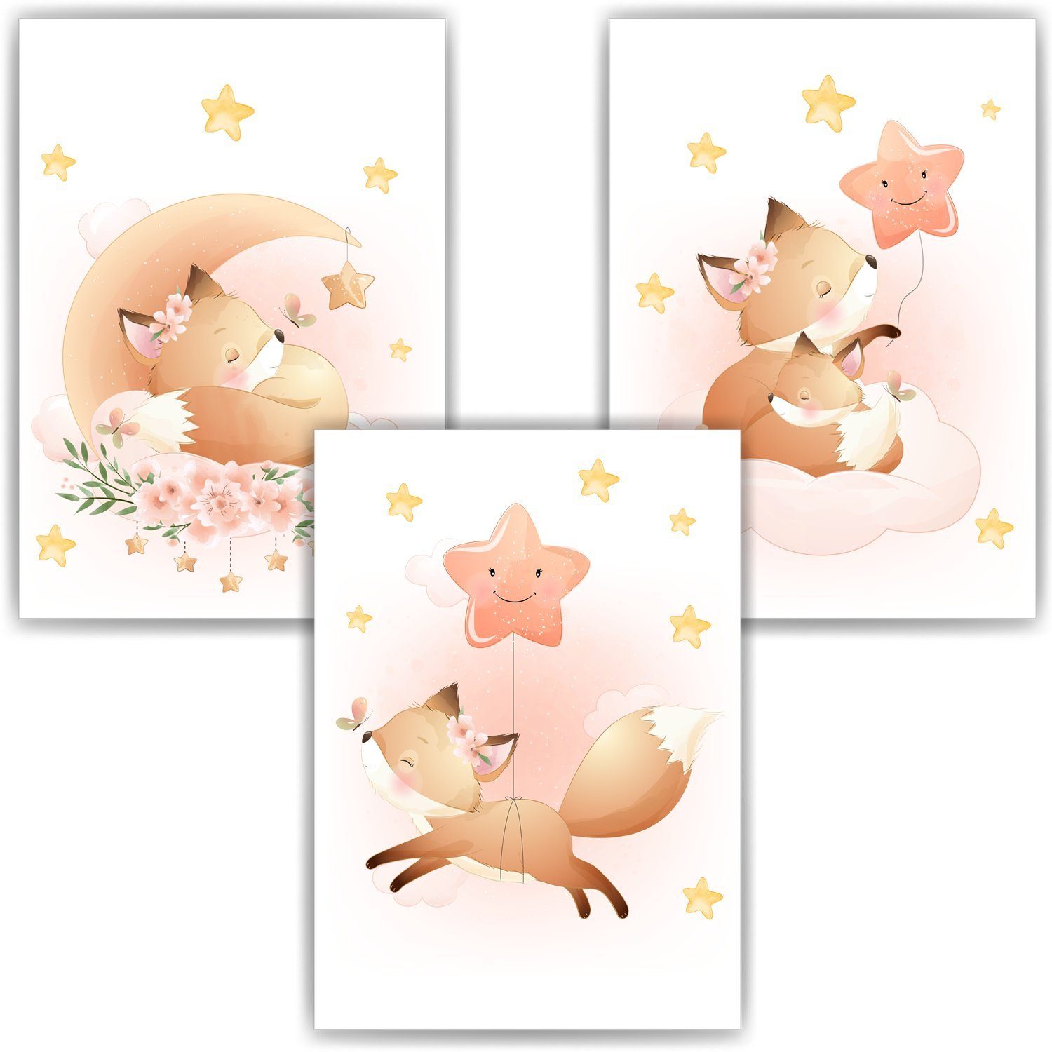 Tigerlino Poster Fuchs 3er Set Kinderzimmer Bilder Mädchen Babyzimmer Kinde günstig online kaufen