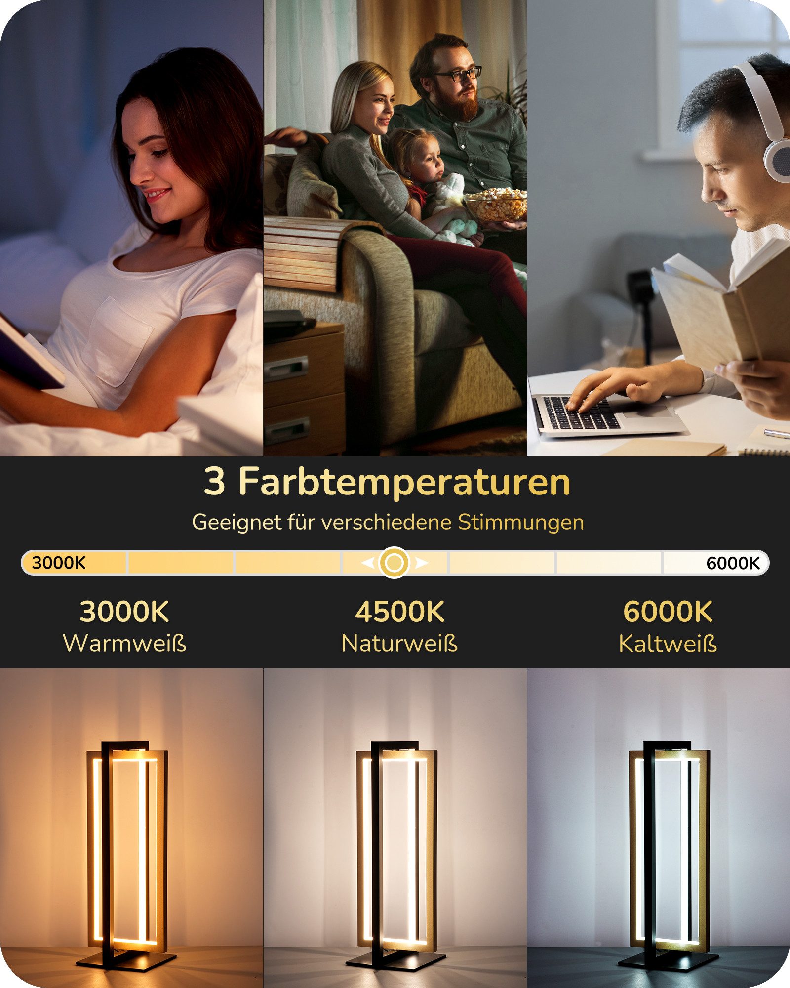 EDISHINE LED Tischleuchte Touch Dimmbare Nachttischlampe, LED fest integriert, 3 Farbtemperaturen (3000K-4500K-6000K), Drehbare Tischleuchte aus Metall, für Schlafzimmer, Wohnzimmer, Büro