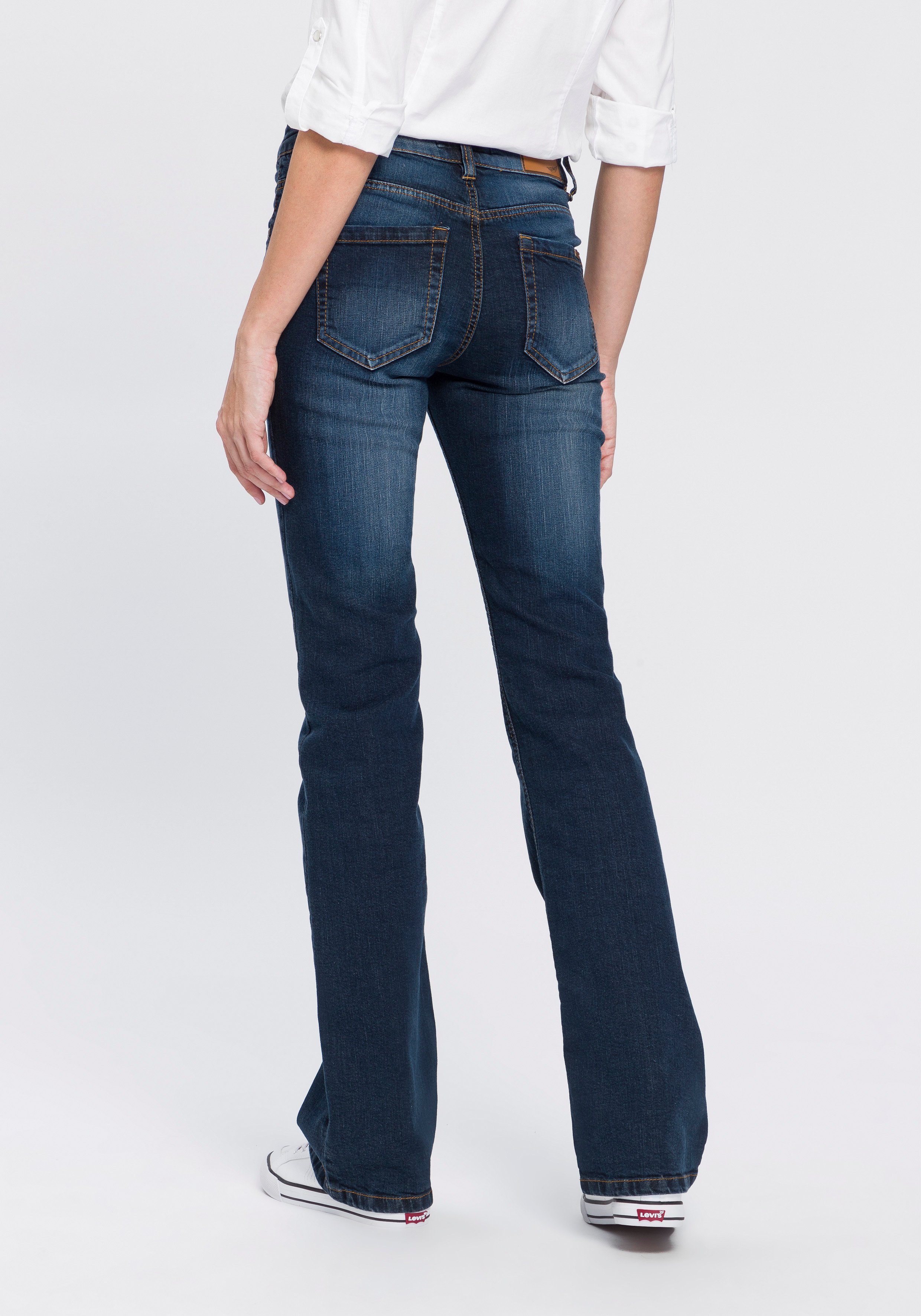 Waist Bootcut-Jeans Bund High mit Arizona Gummizugeinsatz seitlichem dark-blue-used
