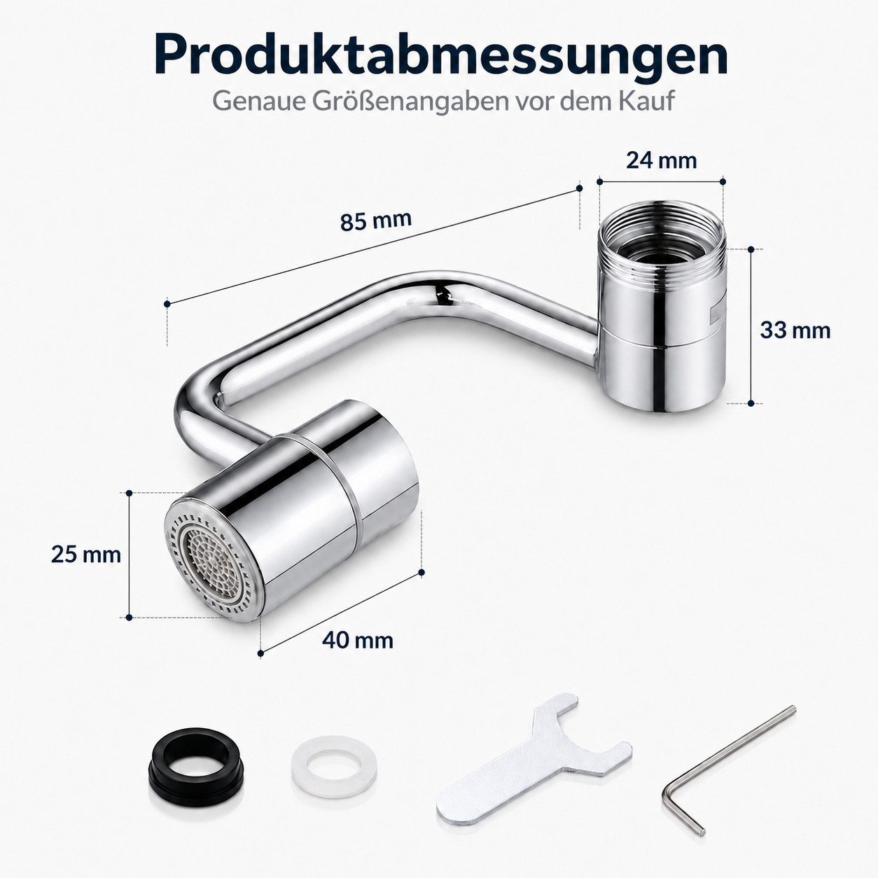 XEOOCE Strahlregler Wasserhahn-Verlängerung, 360° drehbar, für Küche & Bad, Silber, IG: M22, M24, (Einzelstück, Montageset), 360° verstellbar, universelle Passform, 2-in-1-Gewinde, platzsparend