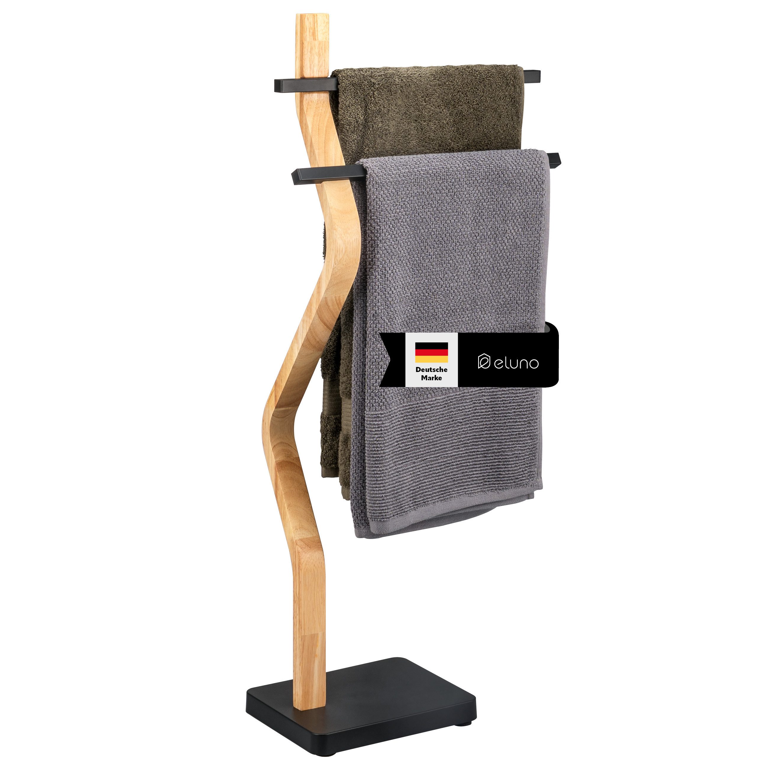 eluno Handtuchhalter freistehend, 2 Stangen FSC-Holz und schwarzem Metall