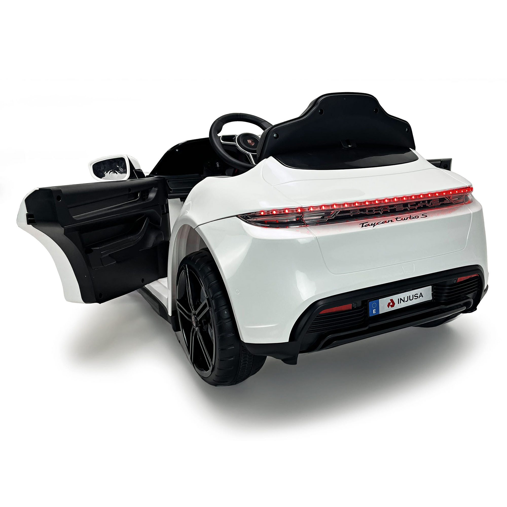 INJUSA Elektro-Kinderauto Porsche Taycan, Belastbarkeit 30 kg, Elektro-Kinderauto mit 12V Akku, LED-Licht, Sound & bis 30 kg Last