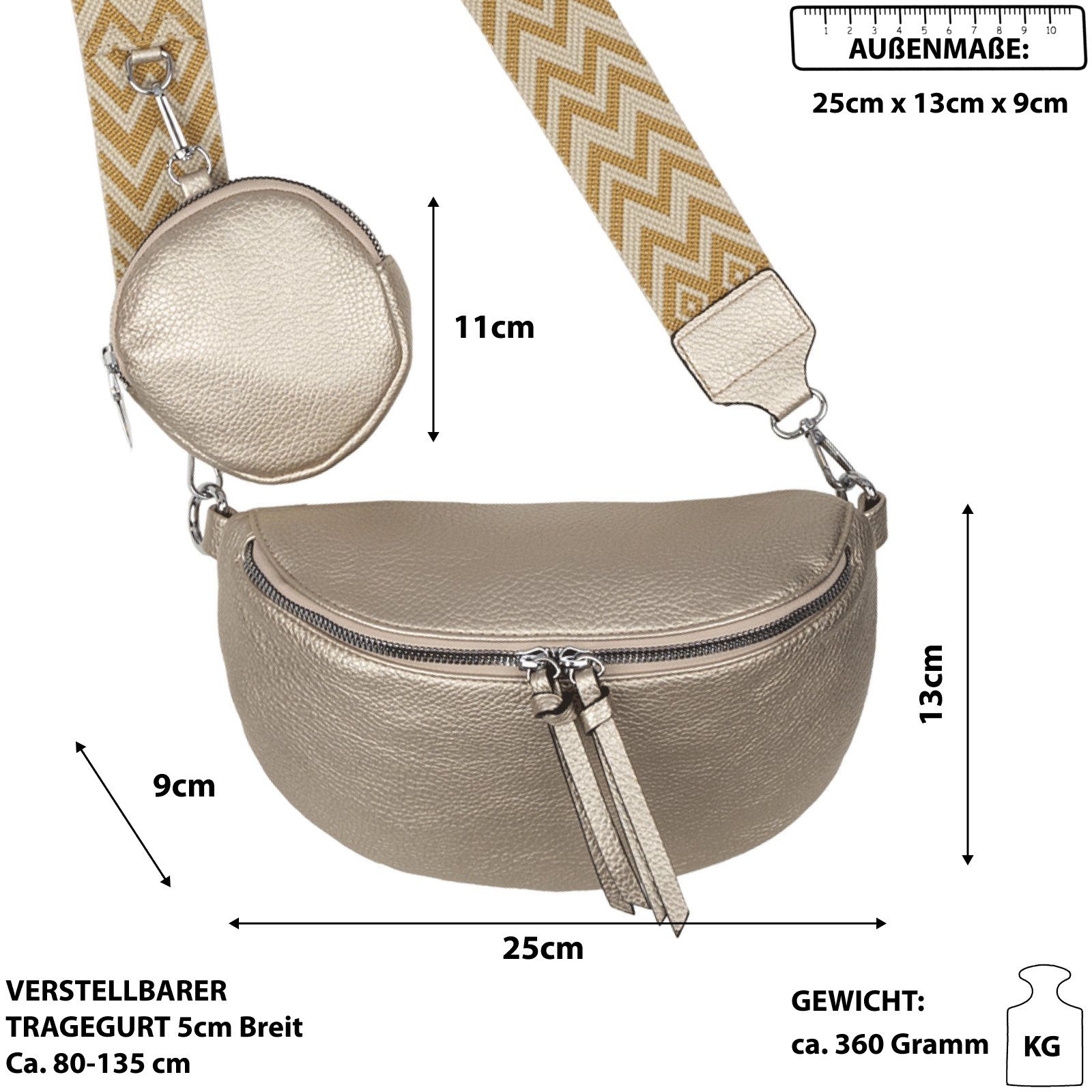 EAAKIE Gürteltasche Bauchtasche Umhängetasche Crossbody-Bag Kunstleder Hüfttasche tragbar als Umhängetasche Italy-D, Schultertasche, CrossOver, GOLD