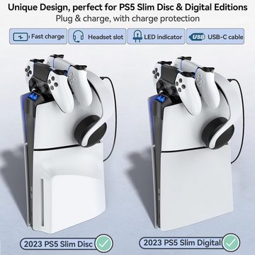 HYTIREBY PS5 Controller Ladestation für 2023 PS5 Slim Digital & Disc PlayStation 5-Controller (PS5 Slim Ladestation mit Headset Halter, PS5 Slim Zubehör)