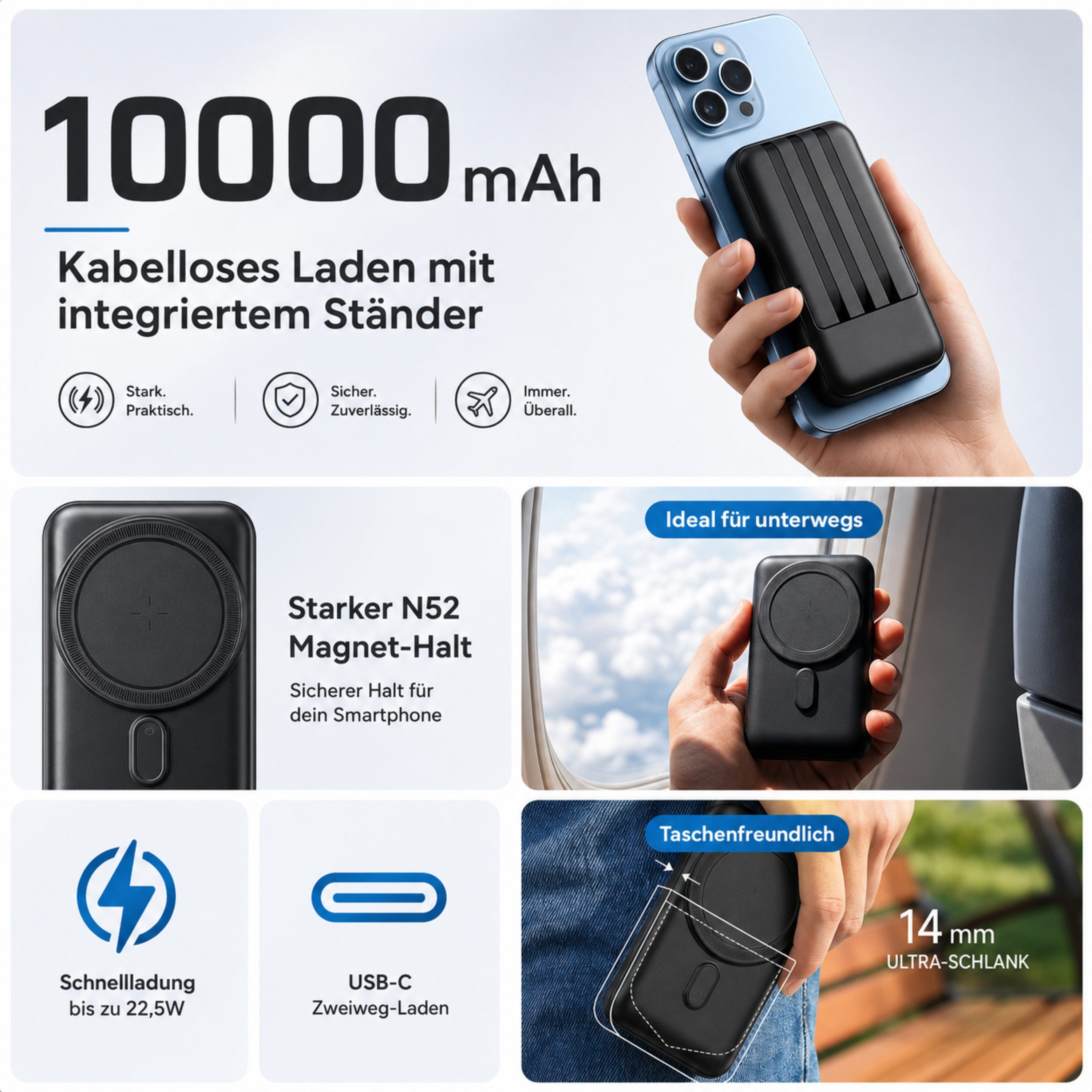 RUHE Wireless Powerbank Magnetisch Magsafe Kompatibel Extern Kabellose Powerbank Magnetische Powerbank Externe PB mit integriertem Kabel 10000 mAh (12 V, 1 St), mit Kabel für iPhone 17 Pro Max/17 Pro/16/15 Pro Max/Pro/14/13/12