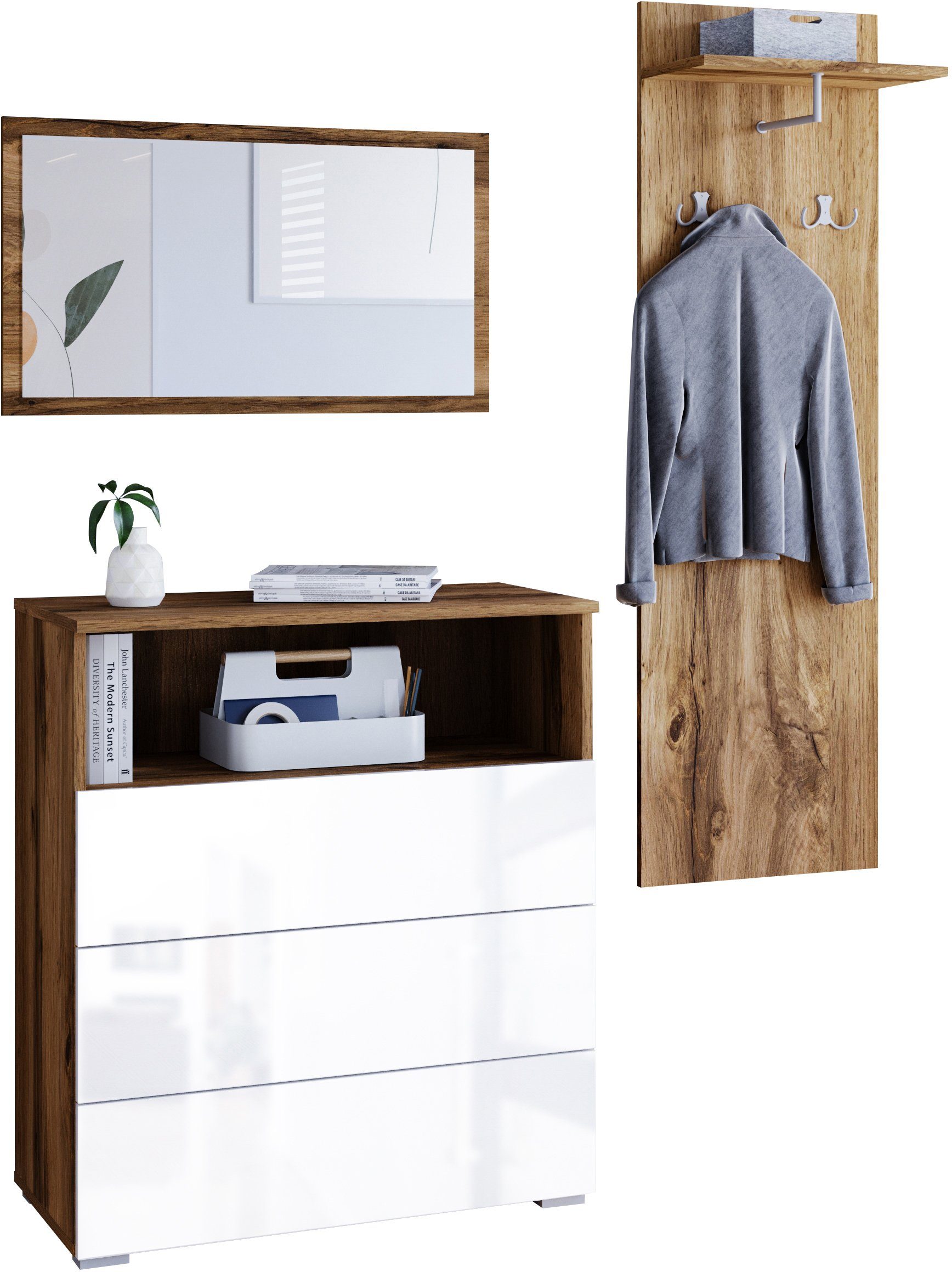 OTTO home Garderoben-Set PARIS/ TOKYO, (Komplett-Set, 3-St), Garderoben- Set Breite 140cm, hochkant oder quer montierbar Spiegel