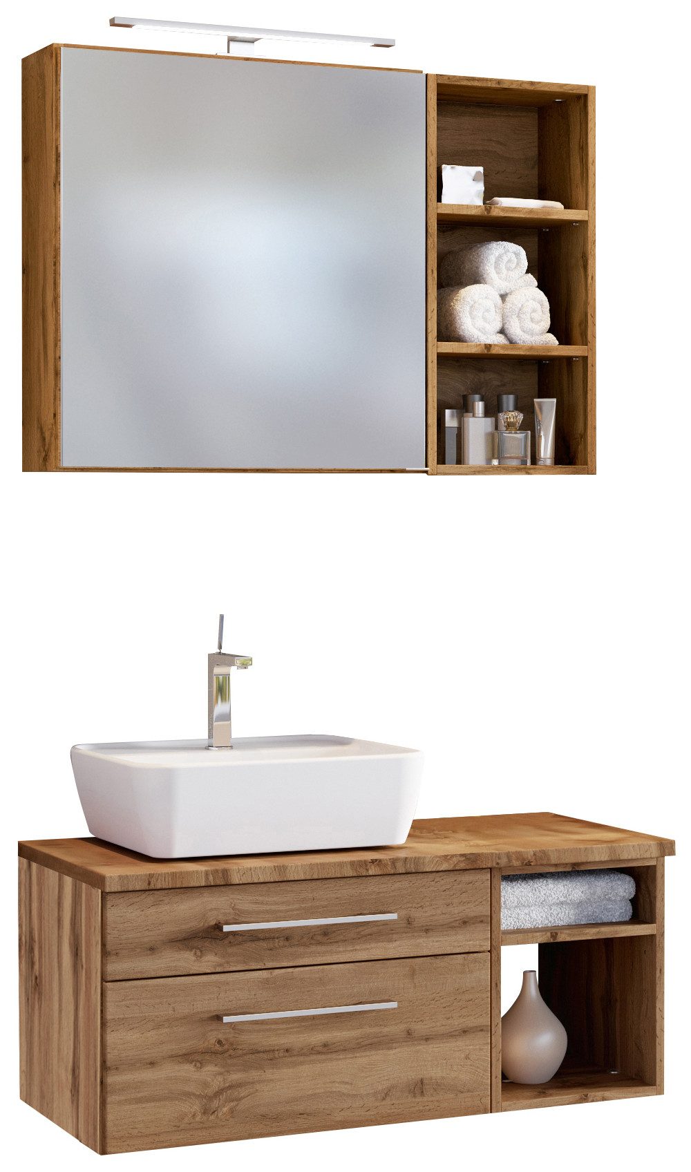 Basera® Badmöbel-Set Basera® Avola 90 cm breit, Wotaneiche, inkl. LED-Spiegelschrank, Hängeregal und Waschtisch m...