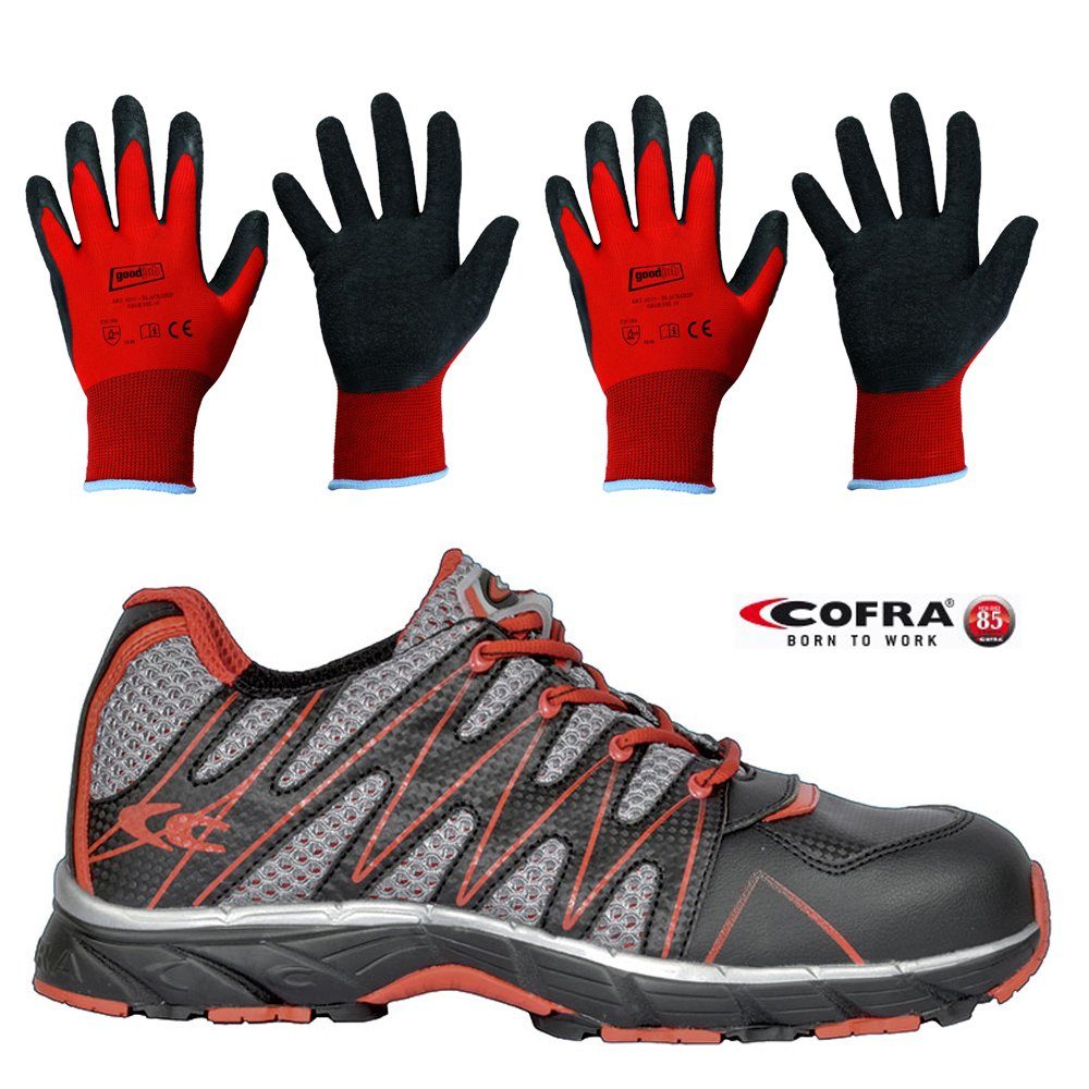 Cofra Sicherheitsschuhe New Samurai Black S1 P SRC Sicherheitsschuh (Set, 2-tlg., 1 Paar Sicherheitsschuhe + 2 Paar Arbeitshandschuhe (Größe 9 + 10) KAPPE: Stahlkappe mit 200 J Zehenschutz
