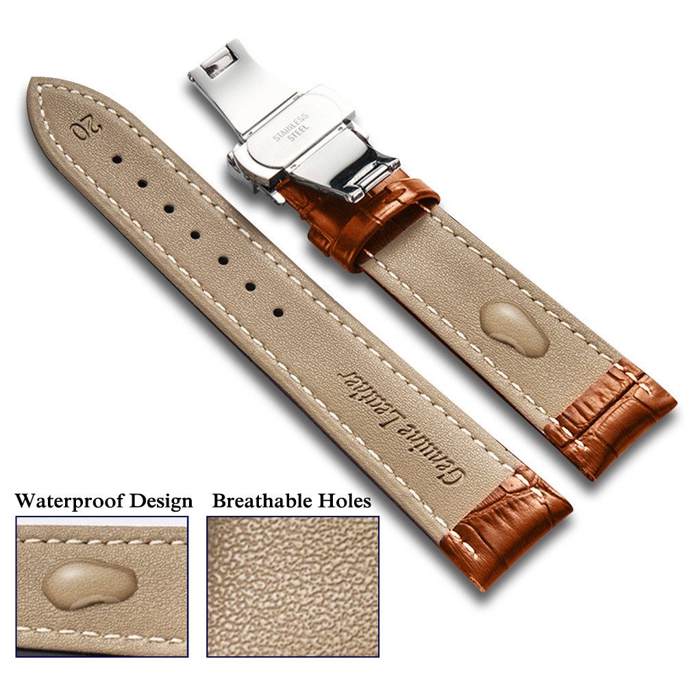 BTTO Smartwatch-Armband Leder Uhrenarmband mit Edelstahl Silber Schnalle, Armband für Uhren, Ersatzarmband 18mm 20mm 22mm 24mm