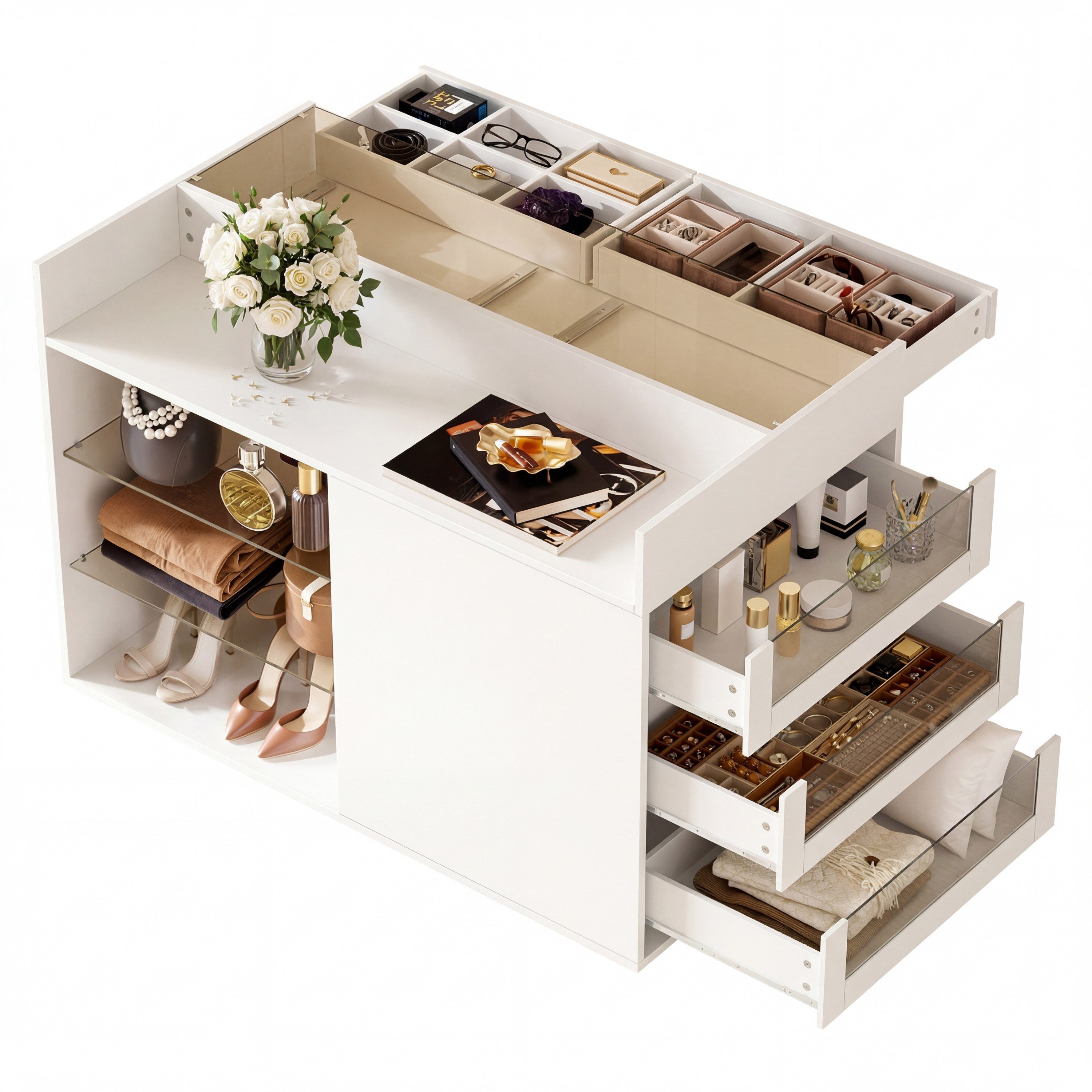 Merax Sideboard Schminktisch mit Glasplatte auf Rollen mit 5 Schubladen (1 St., Sideboard mit Stauraum), Multifunktional Kommode, Fächereinteilung, 110x60x79 cm