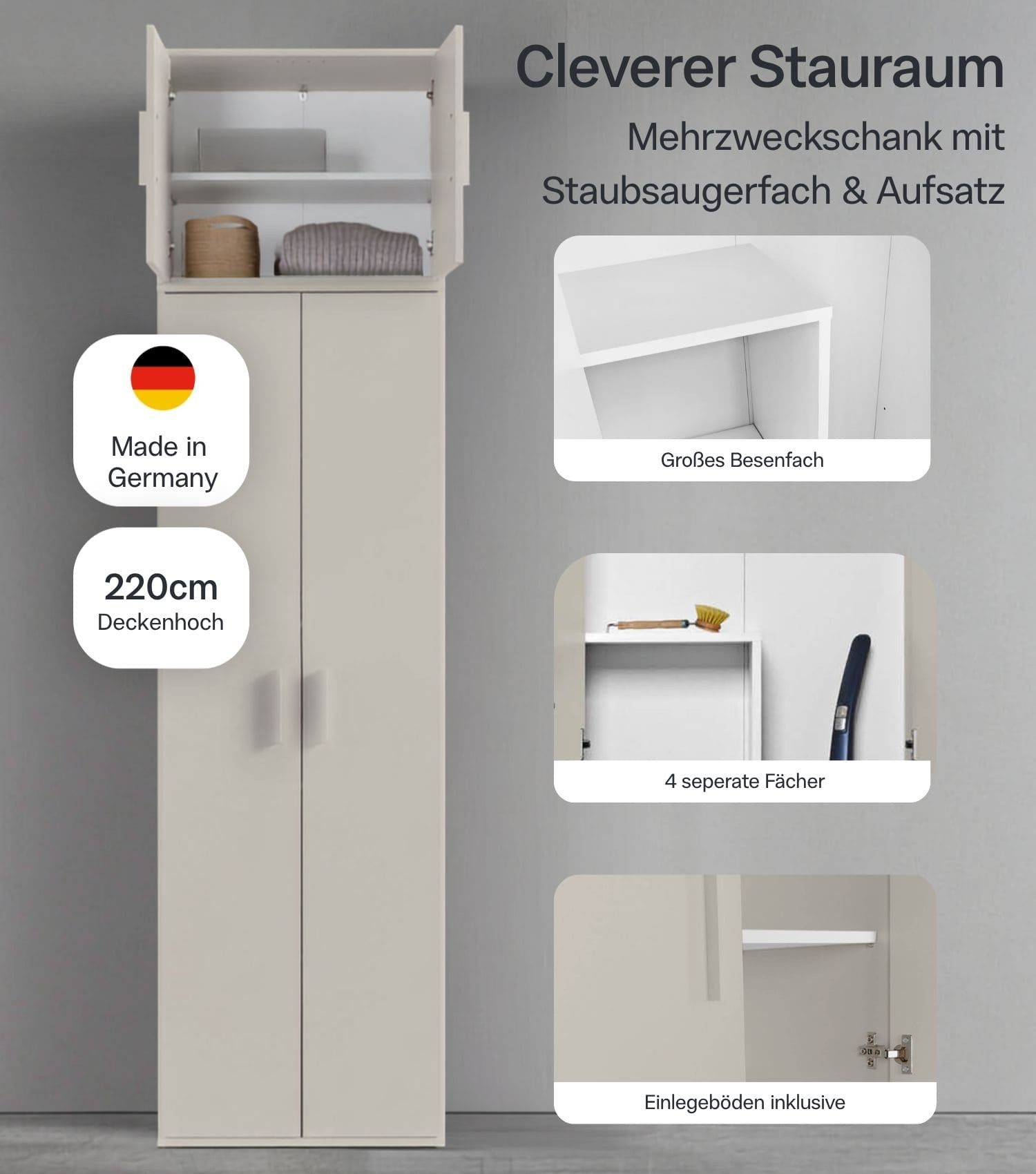 mokebo Mehrzweckschrank Der Extralange (60x230 cm) Made in Germany, Besenschrank, Putzschrank, Flurschrank in Beige – Bild 2 von 5