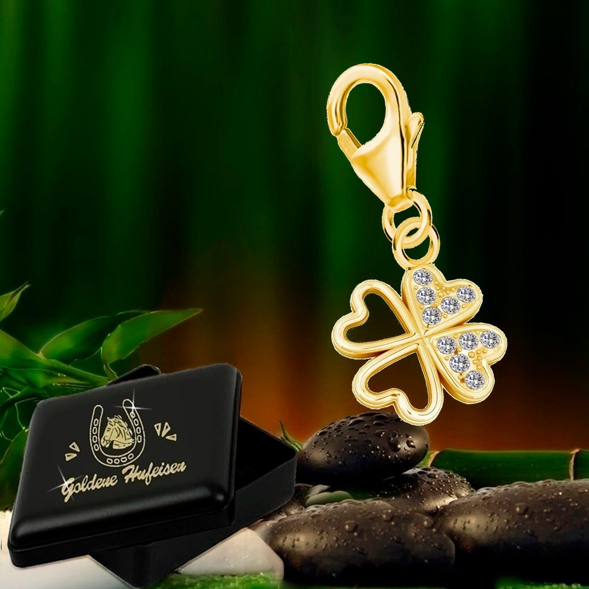 Goldene Hufeisen Charm-Einhänger Charm Kleeblatt 925 Silber mit Zirkonia Vergoldet I Echtschmuck (1 Stück, inkl. Etui), 925 Sterling Silber vergoldet Zirkonia Goldschmuck Armband Damen