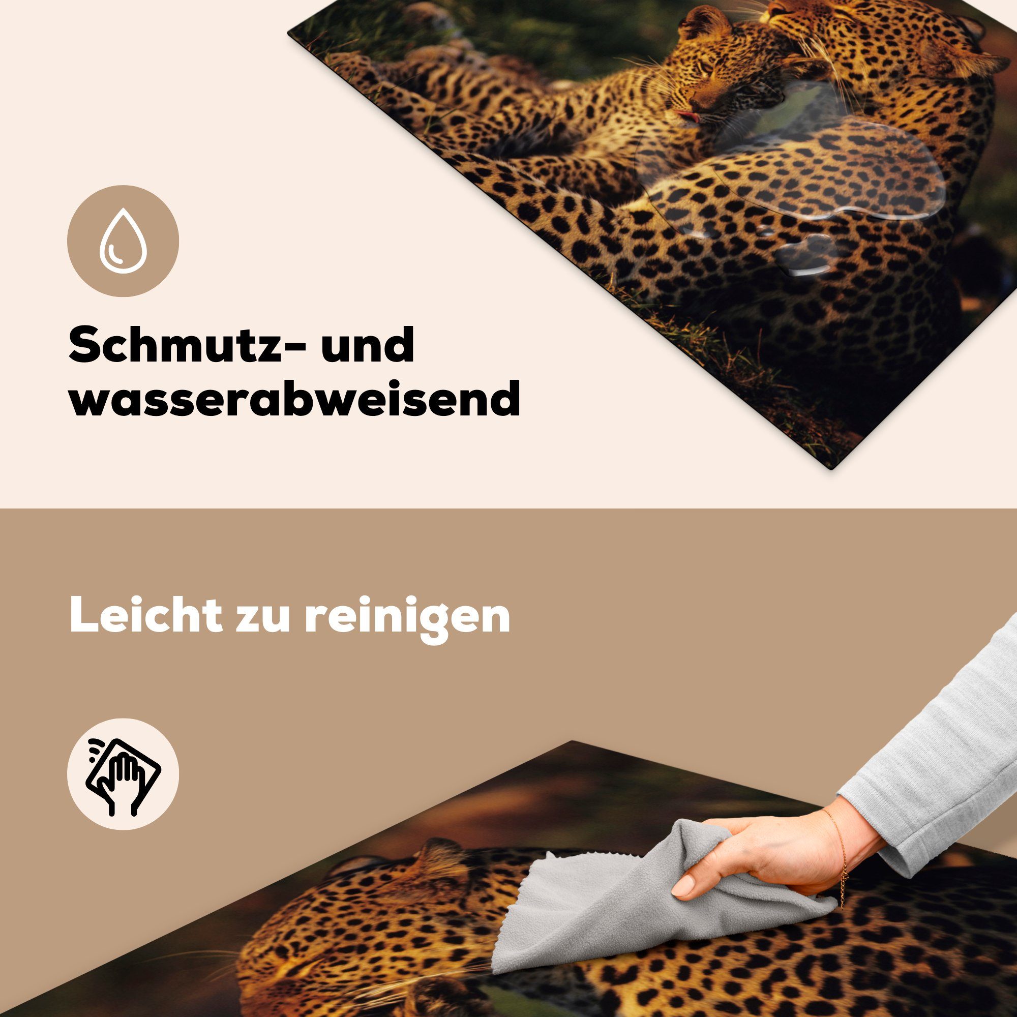 Ceranfeldabdeckung Savanne - Leopard (1 81x52 Herdblende-/Abdeckplatte für Induktionskochfeld die MuchoWow tlg), cm, - küche, Vinyl, Schutz Jungtier,