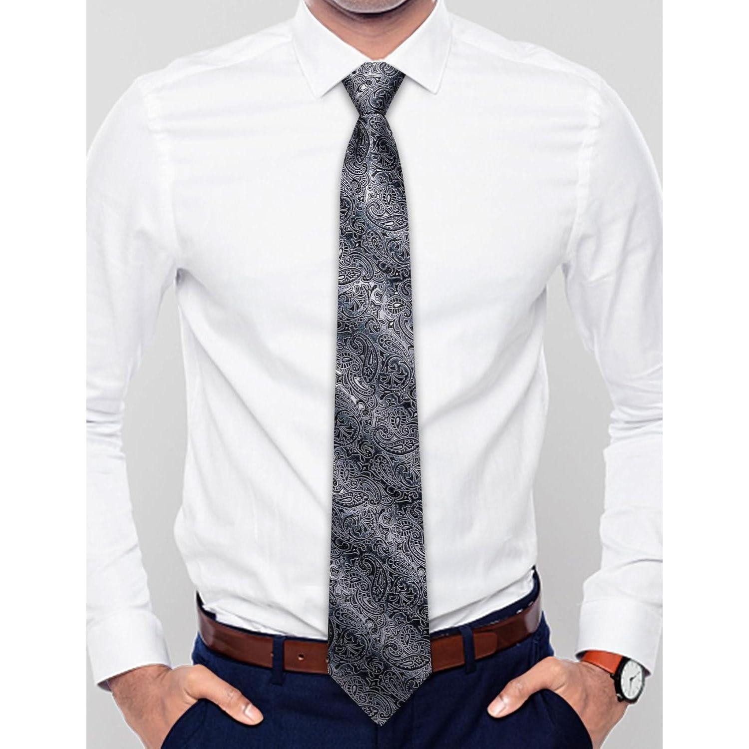 LuxusKollektion Krawatte Krawatte Herren Einstecktuch Set Hochzeitsfeier schwarz graues Paisley