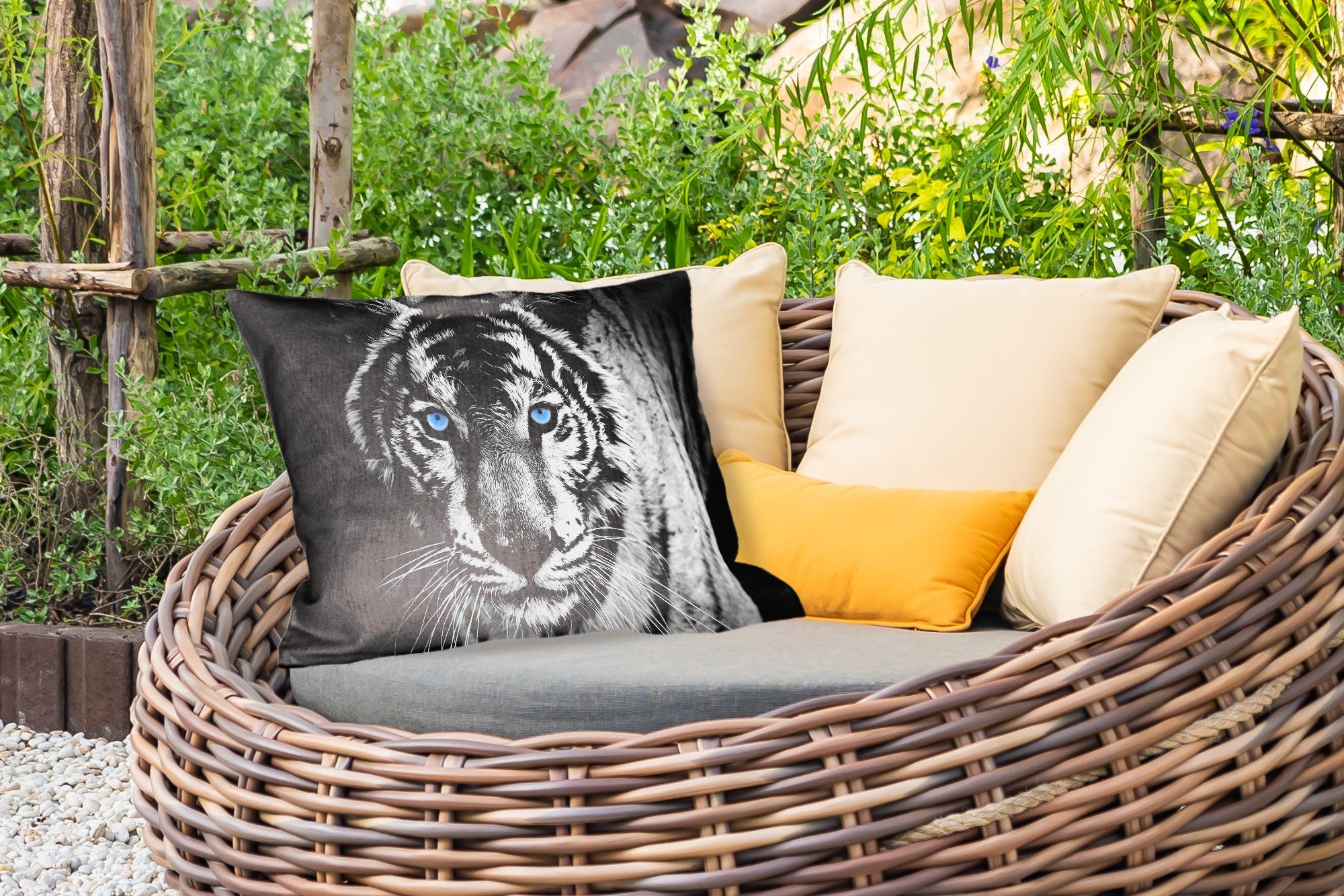 Polyester, Dekokissen und - MuchoWow Blau, weiß - Outdoor-Dekorationskissen, Tiere - Dekokissenbezug, - Augen Tiger Schwarz Kissenhülle