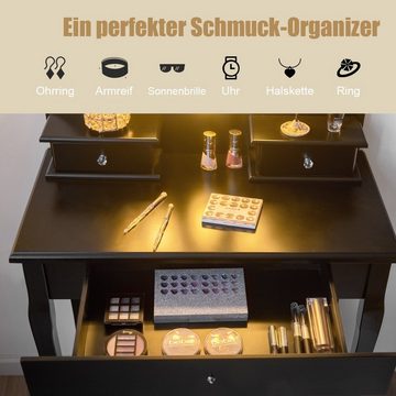 COSTWAY Schminktisch, mit Hocker, Spiegel & Belechtung, 3 Schubladen, schwarz