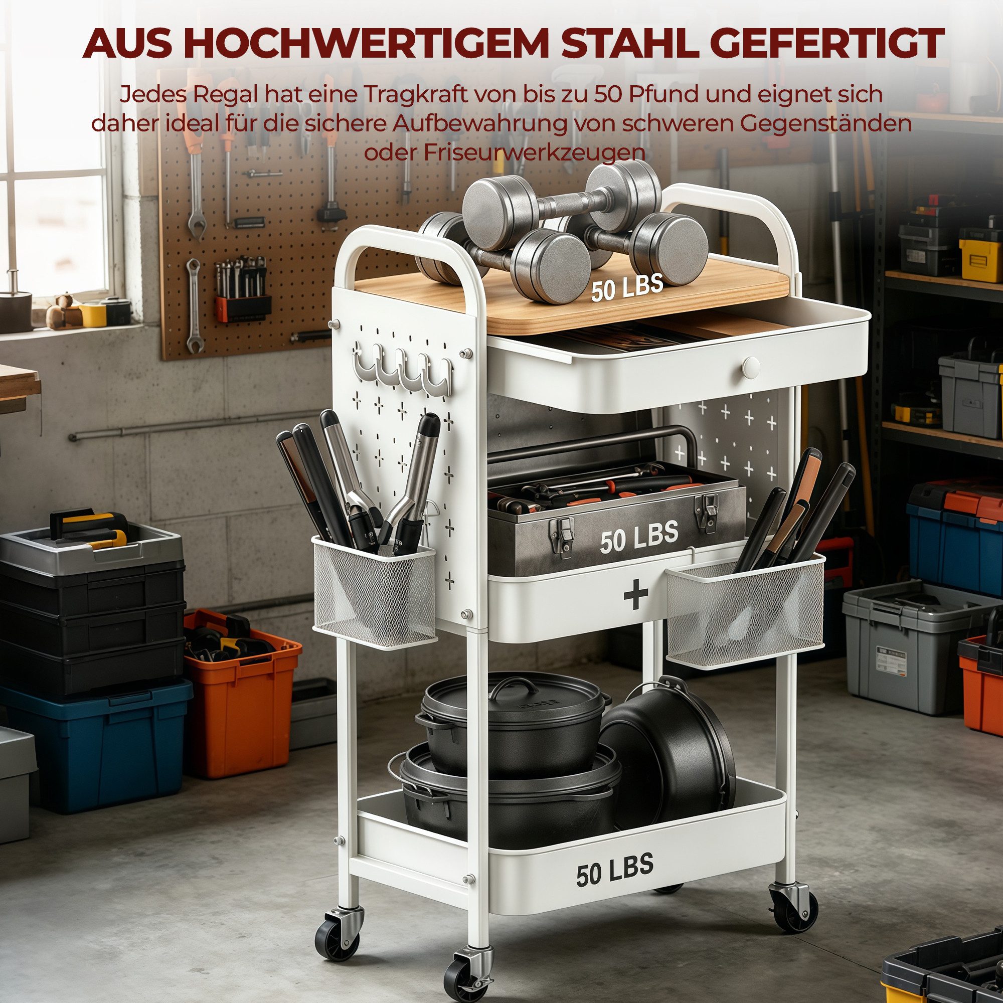 GLIESE Beistellwagen Vielseitiger Küchenwagen, Servierwagen, für Küche, Büro, Wohnzimmer, 2 Hängekörben, 4 Haken, 2 Lochplatten,1 Schublade, Bremsrollen, Griff – Bild 5 von 5