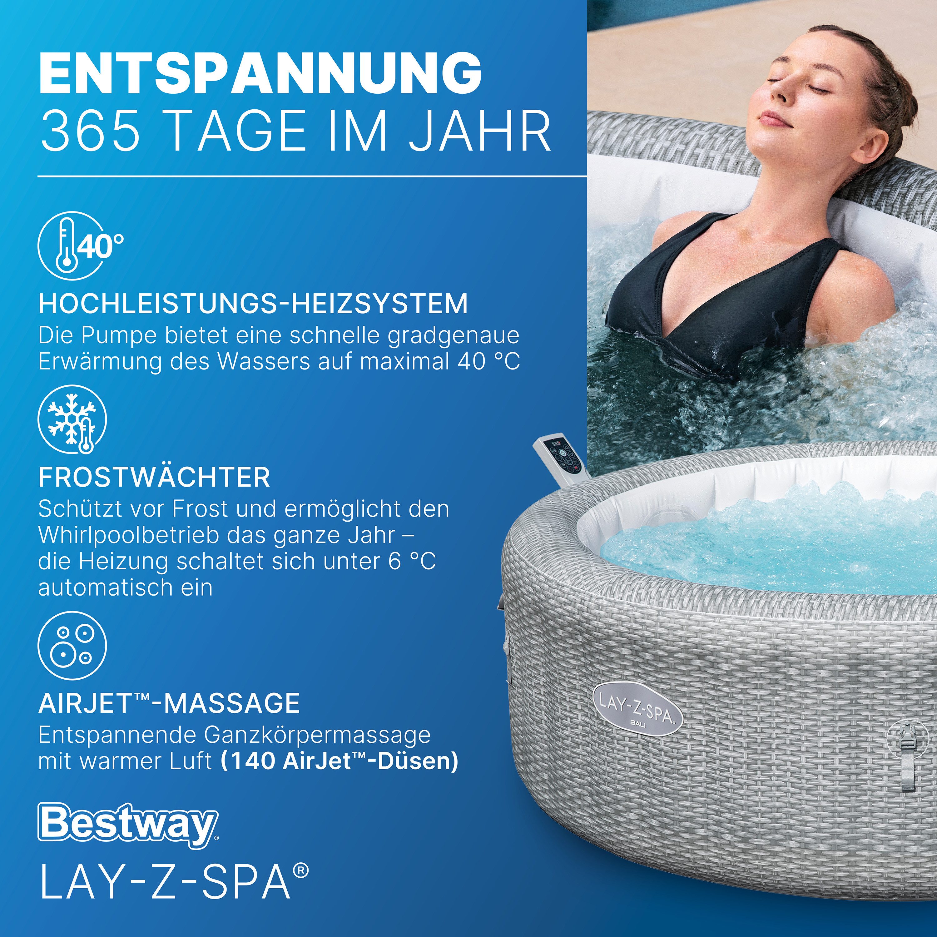 Bestway Whirlpool LAY-Z-SPA® Bali AirJet™, Aufstellbecken, (Set, Inkl. App-Steuerung, für max. 6 Personen), Ø 196 x 71 cm