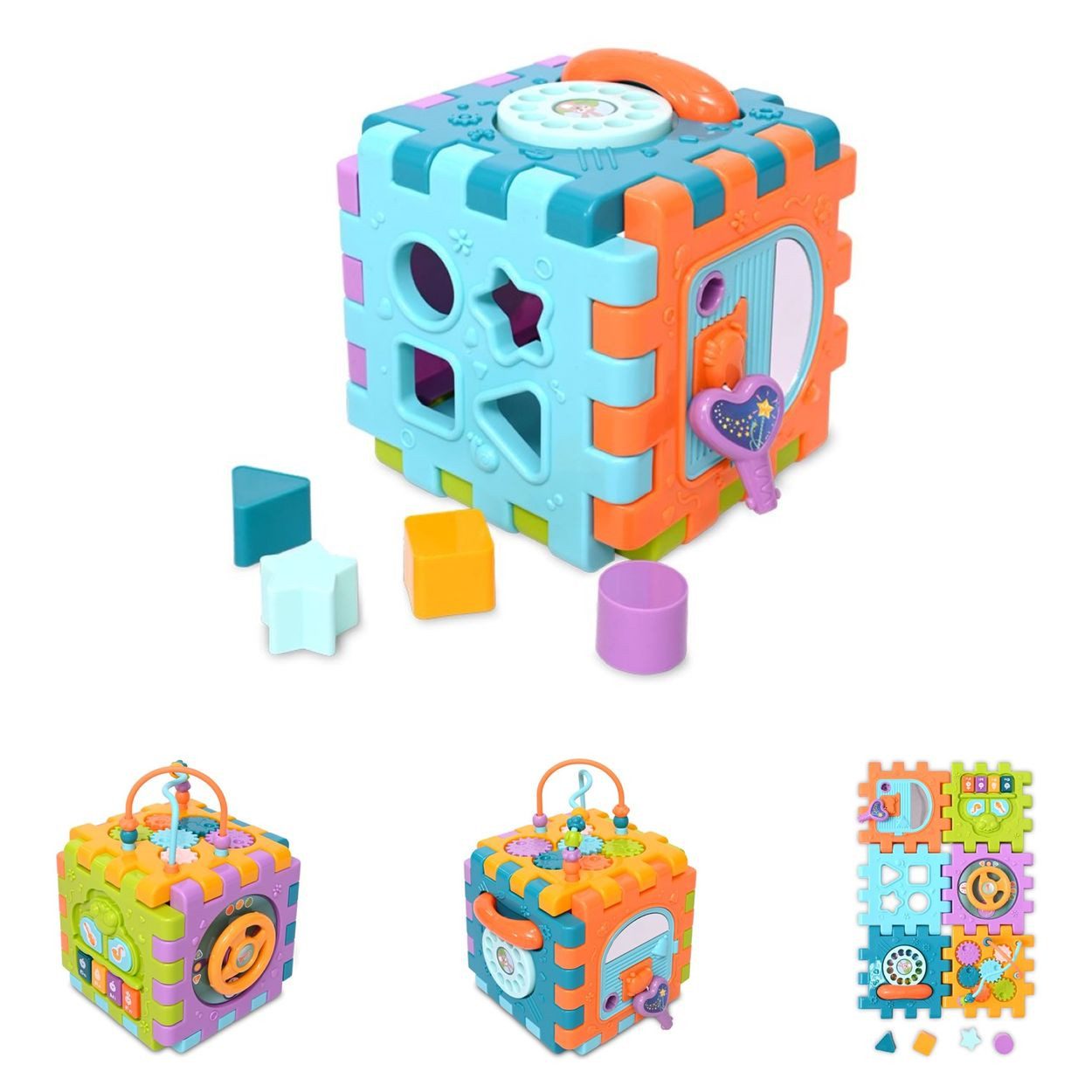 LORELLI Spielcenter Steckspielwürfel 6 Face, (11-tlg), 10 Teile, Melodien, Activity-Cube, Motorikspielzeug, ab 18 Monate