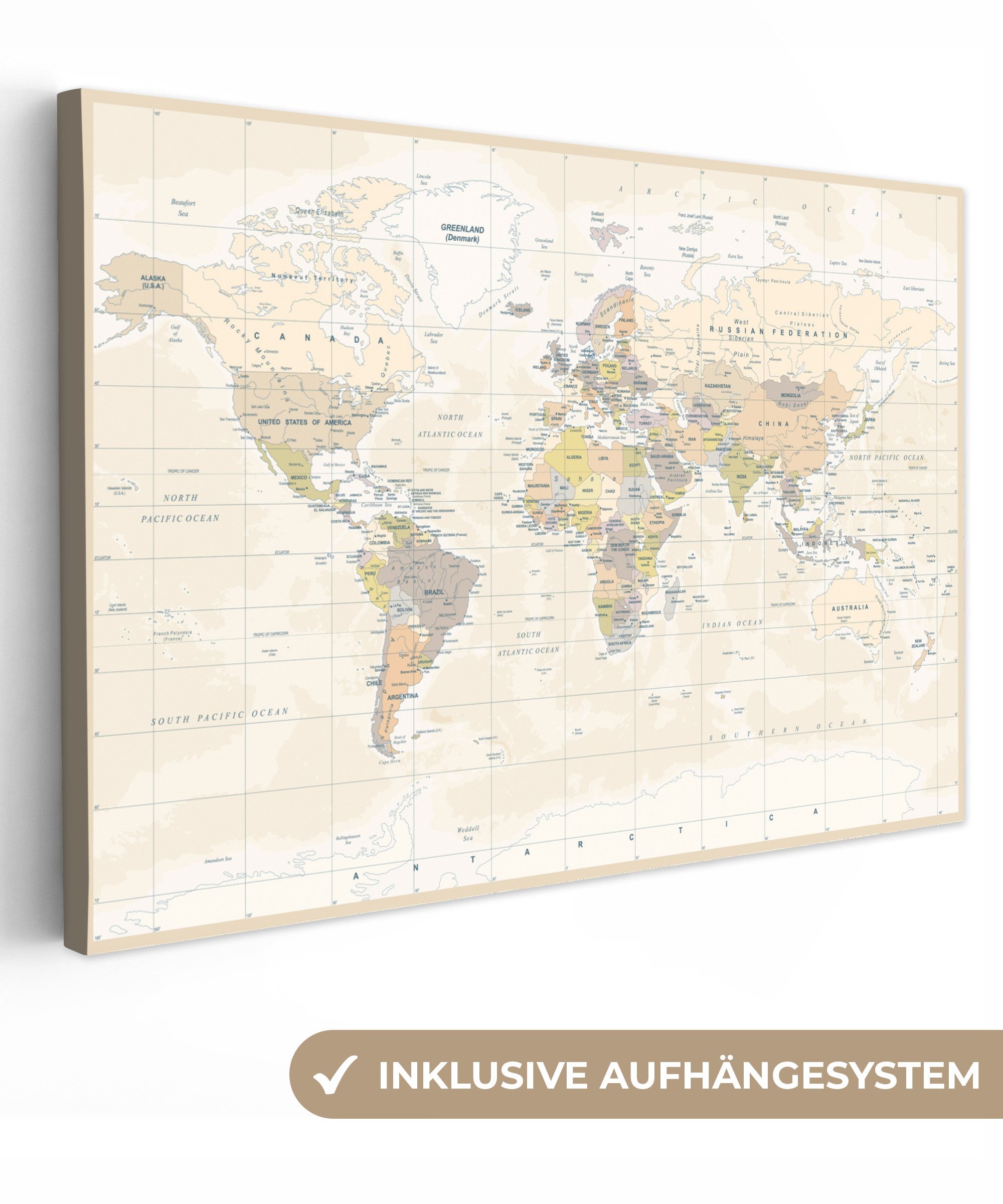 OneMillionCanvasses® Leinwandbild Welt - Karte - Retro, Fotodruck (1 St), Leinwand Bilder Klein, Wand Dekoration Aesthetic 30x20 cm