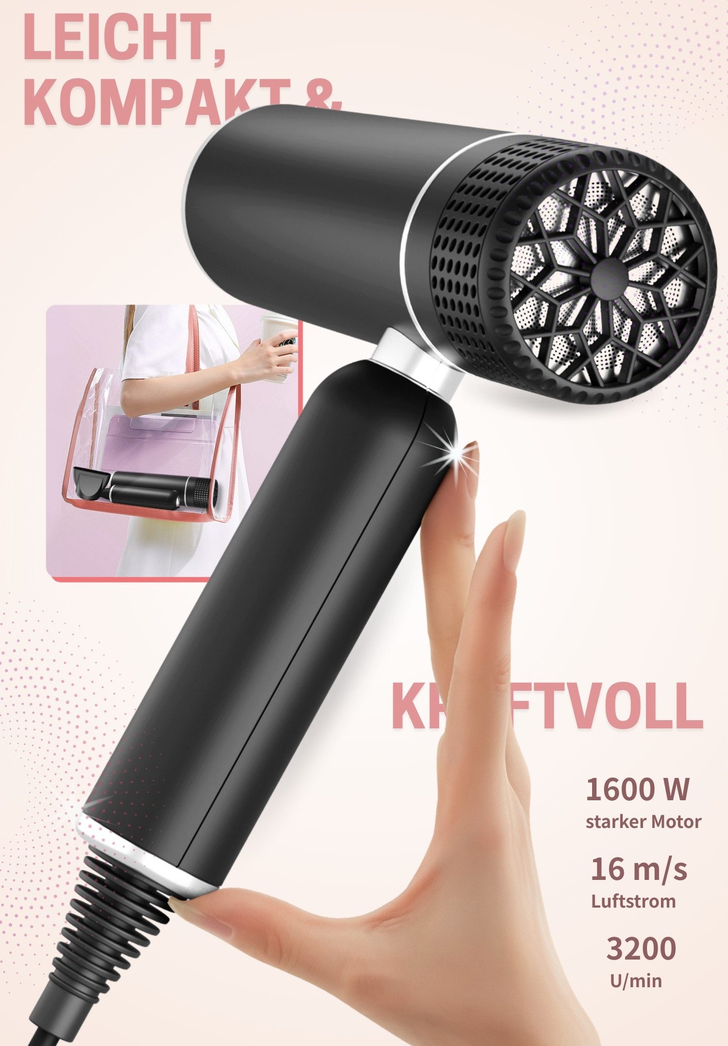 MCURO Ionic-Haartrockner Kompakter Ionen Föhn mit Tasche, 1600 W, Konzentrator Düse & Diffusor-Option, Haartrockner leicht & kompakt, für Reise, Fitness oder Büro