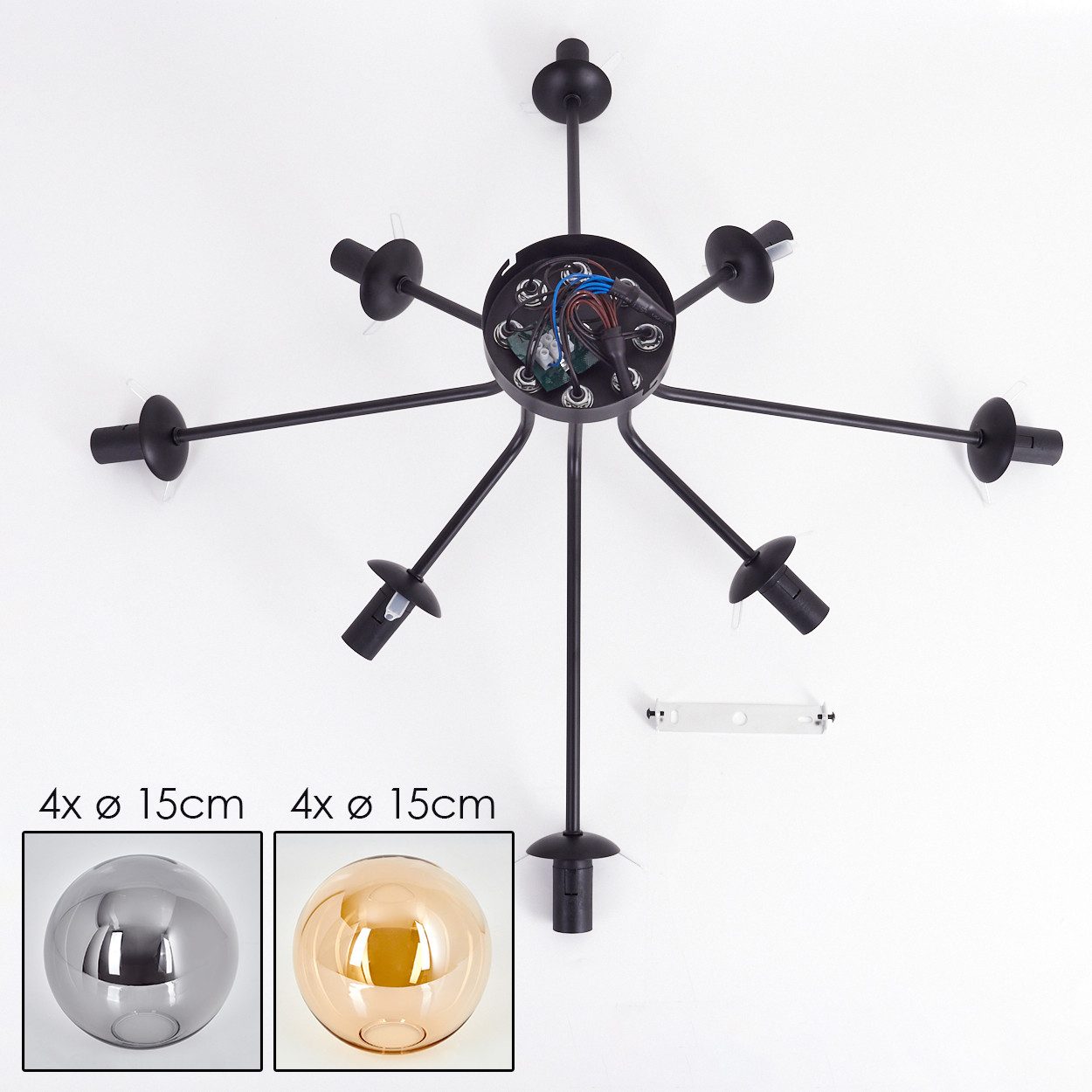 hofstein Deckenleuchte Deckenlampe aus Metall/Glas in Schwarz/Rauchfarben/Bernsteinfarben, ohne Leuchtmittel, moderne Leuchte mit Glasschirmen (15 cm), 8 x E14, – Bild 5 von 5