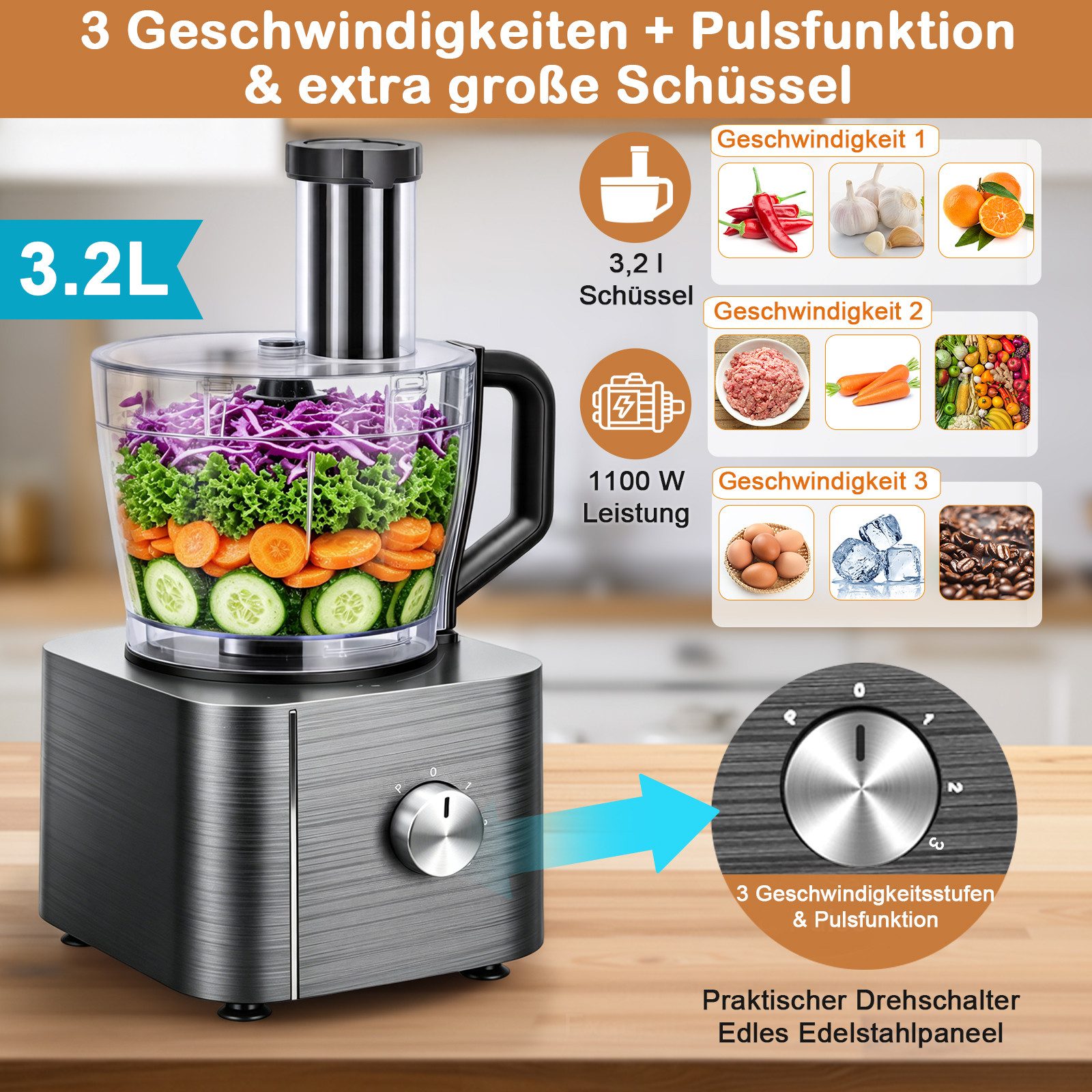 SNDOAS Küchenmaschine, 1100 W, 3,2 l Schüssel, mit Hacken, Schneiden, Kneten, Entsaften, 3 Geschwindigkeiten