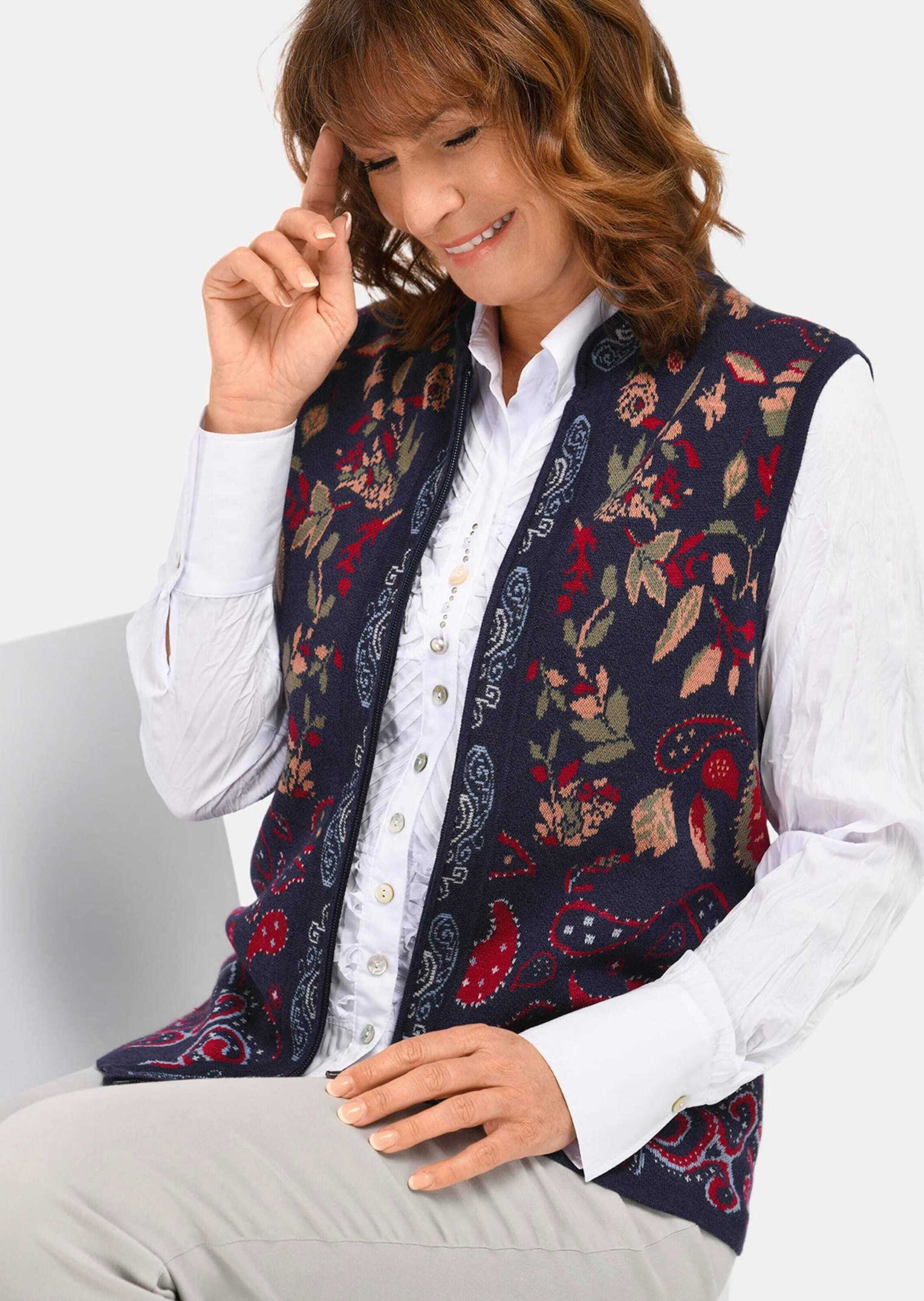GOLDNER Strickweste Elegante Viskose-Weste mit Muster Hüftlange Weste mit floralem Jacquardmuster, Reißverschluss