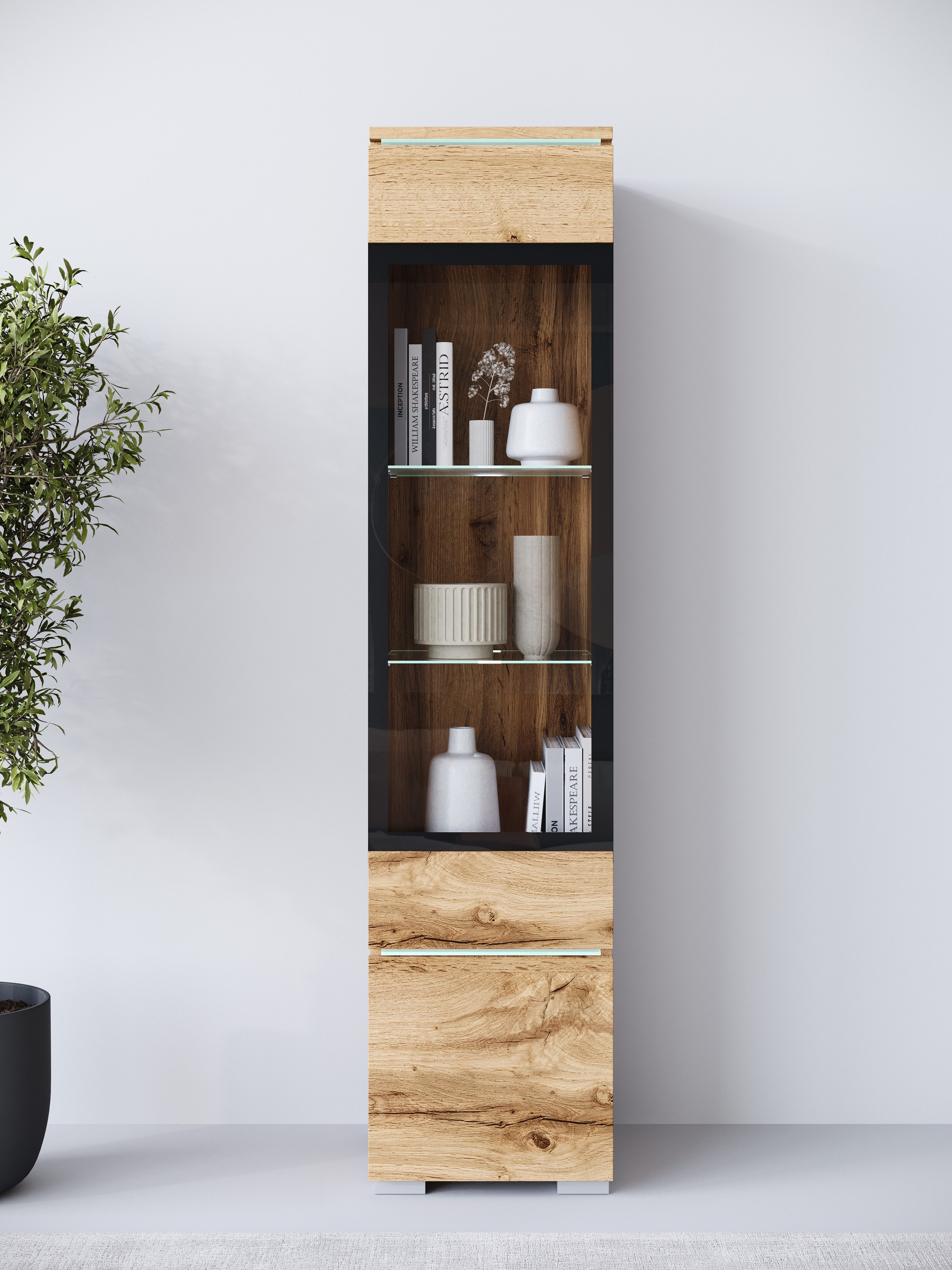 Home affaire Vitrine Vera, Glasvitrine, Höhe 130 cm, in verschiedenen Farbausführungen (1-St) LED-Beleuchtung, Türanschlag frei wählbar, stehend/hängend