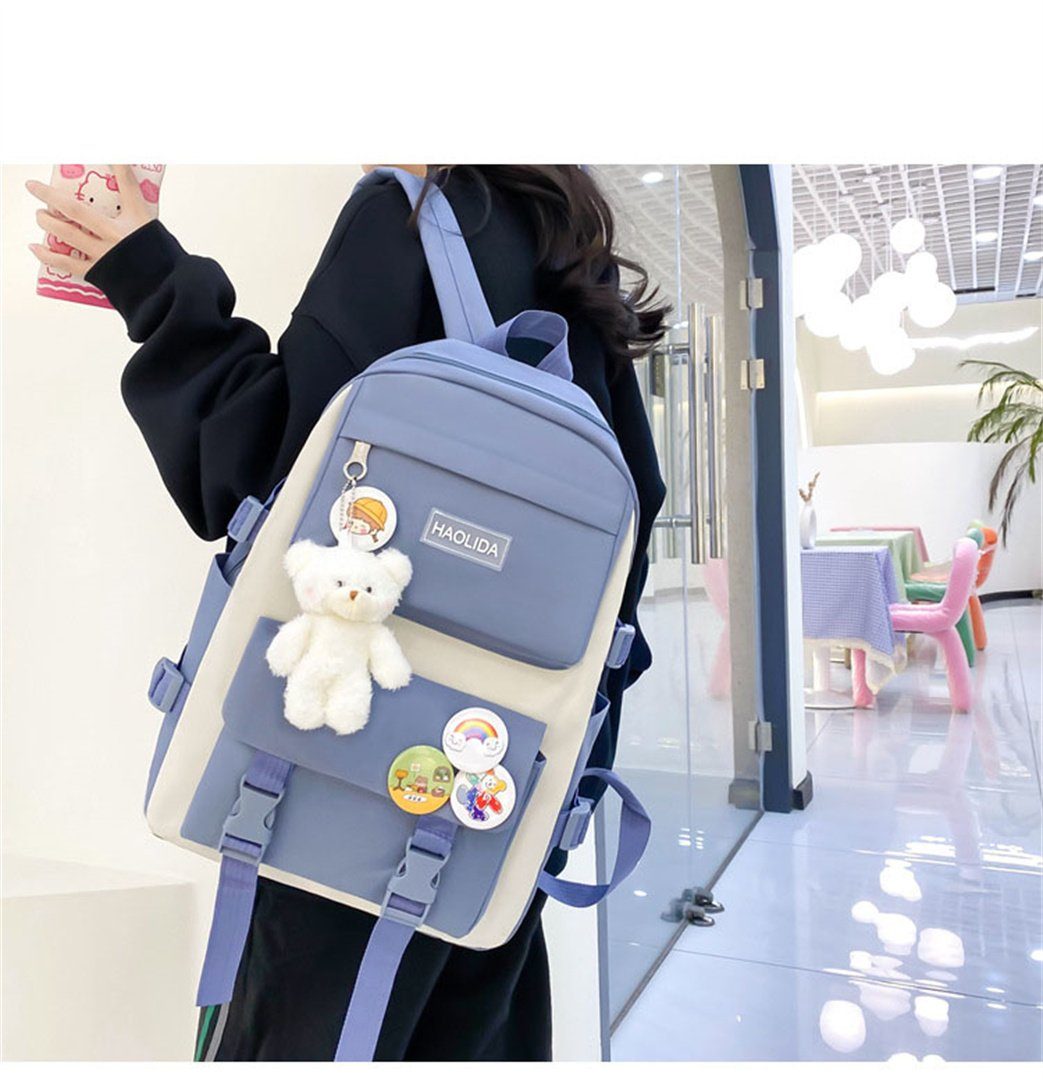 L.Ru UG Daypack Rucksack-Set, 5-teilig, (Fünfteiliges Rucksack-Set mit süßes Federmäppchen, Rucksack mit Anhänger, Lunchtasche Fassungsvermögen), ästhetische Schultaschen, Handtasche, Geldbörse Set mit Blau großem Collegetasche