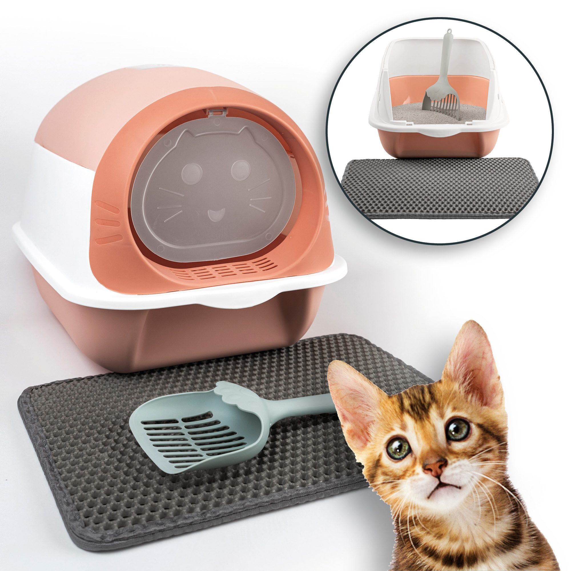 Katzentoilette Katzenklo mit Deckel, Streumatte und Schaufel abnehmbar Katzentoilette