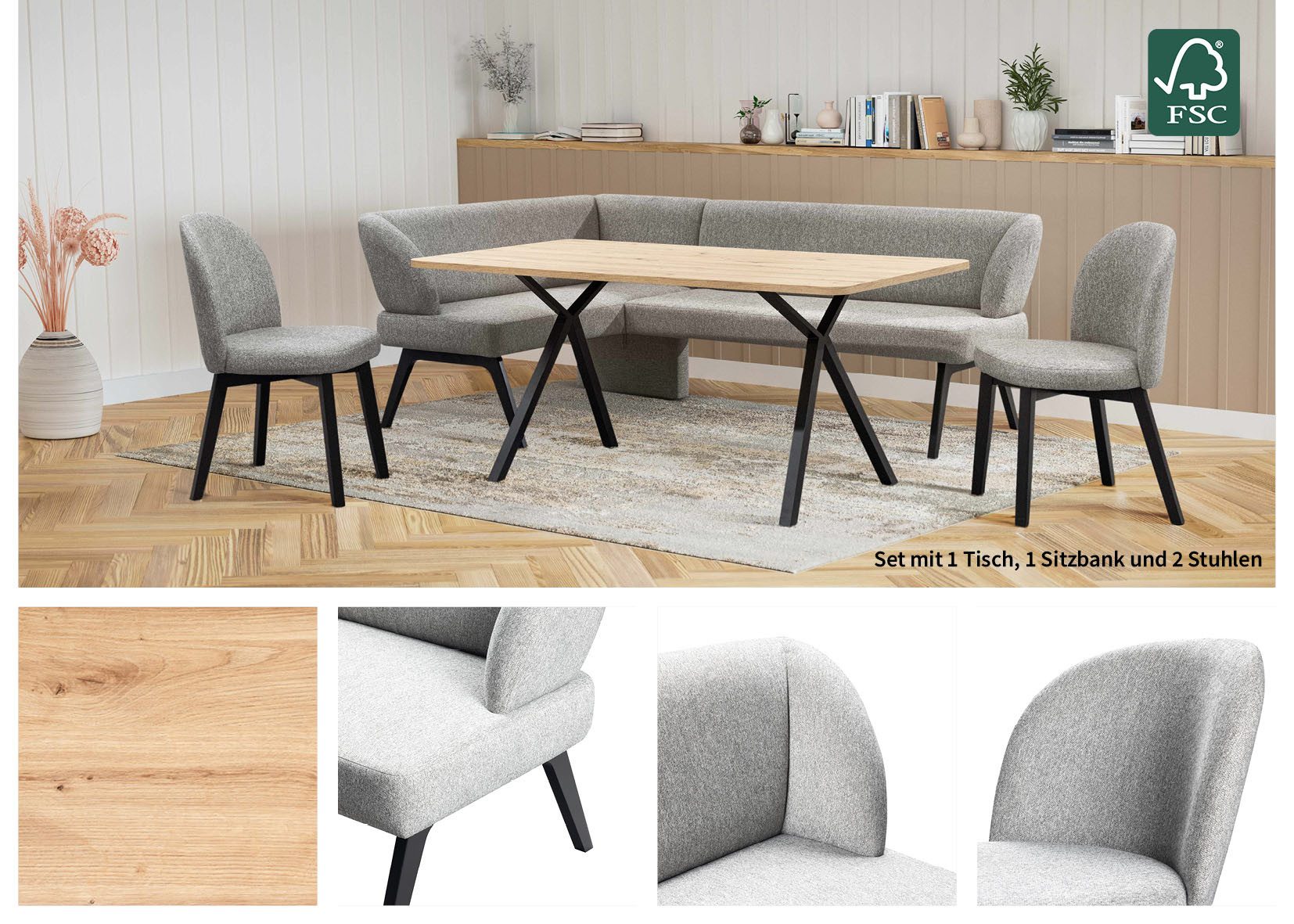OTTO home Eckbankgruppe Aretha Essecke, Sitzgruppe, Eckbank, Küchenbank, (Set, 4-tlg., 4er), Esszimmer Sitzgruppe, Tisch, Stühle und Bank gepolstert, Nosagfederung
