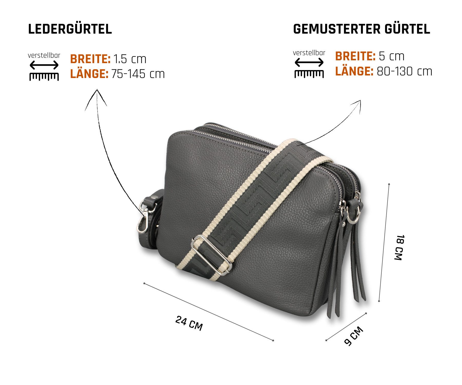 Adel Bags Schultertasche MARA Umhängetasche für Damen, Schultertasche aus Echtleder, hergestellt in Italien, mit 2 Riemen