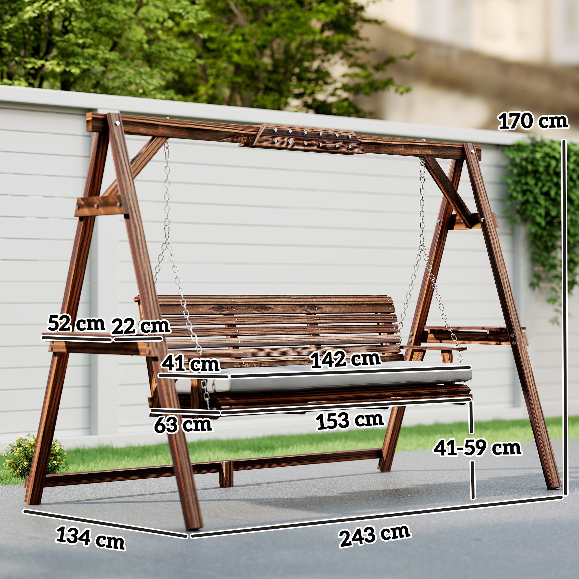Outsunny Hollywoodschaukel mit Sitzauflage Ablagen, 3-Sitzer, verstellbare Sitzhöhe, Schaukelfunktion, Ablage, Gartenschaukel, 1 tlg., Holzschaukel, 243 x 134 x 170cm, Verkohlt