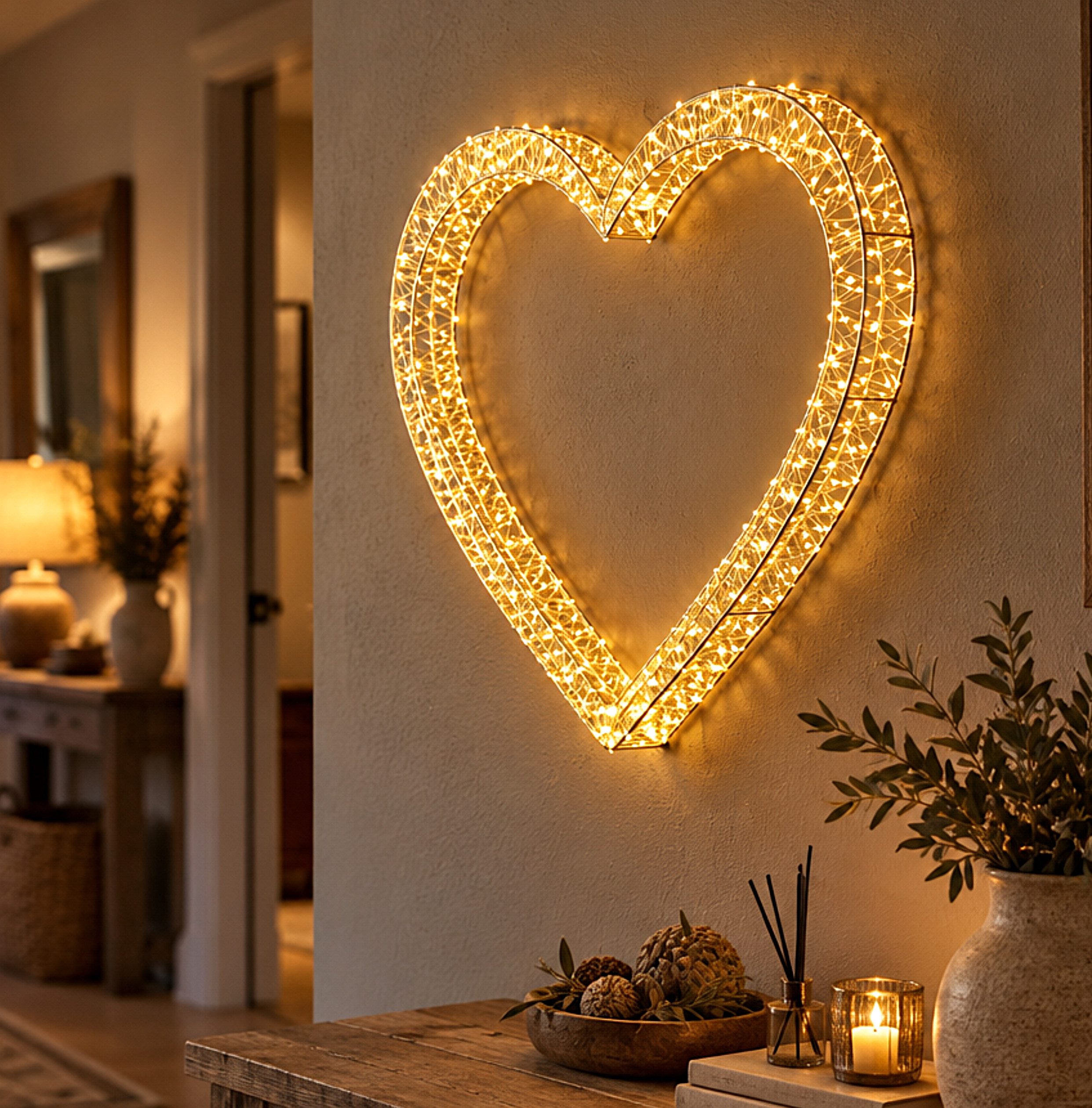 Arnusa LED Dekolicht Leuchtherz 62x60x5cm 1440 LED LED Herz Leuchtkranz XL, LED fest integriert, warmweiß, für Innen und Außen Fenster Dekoration