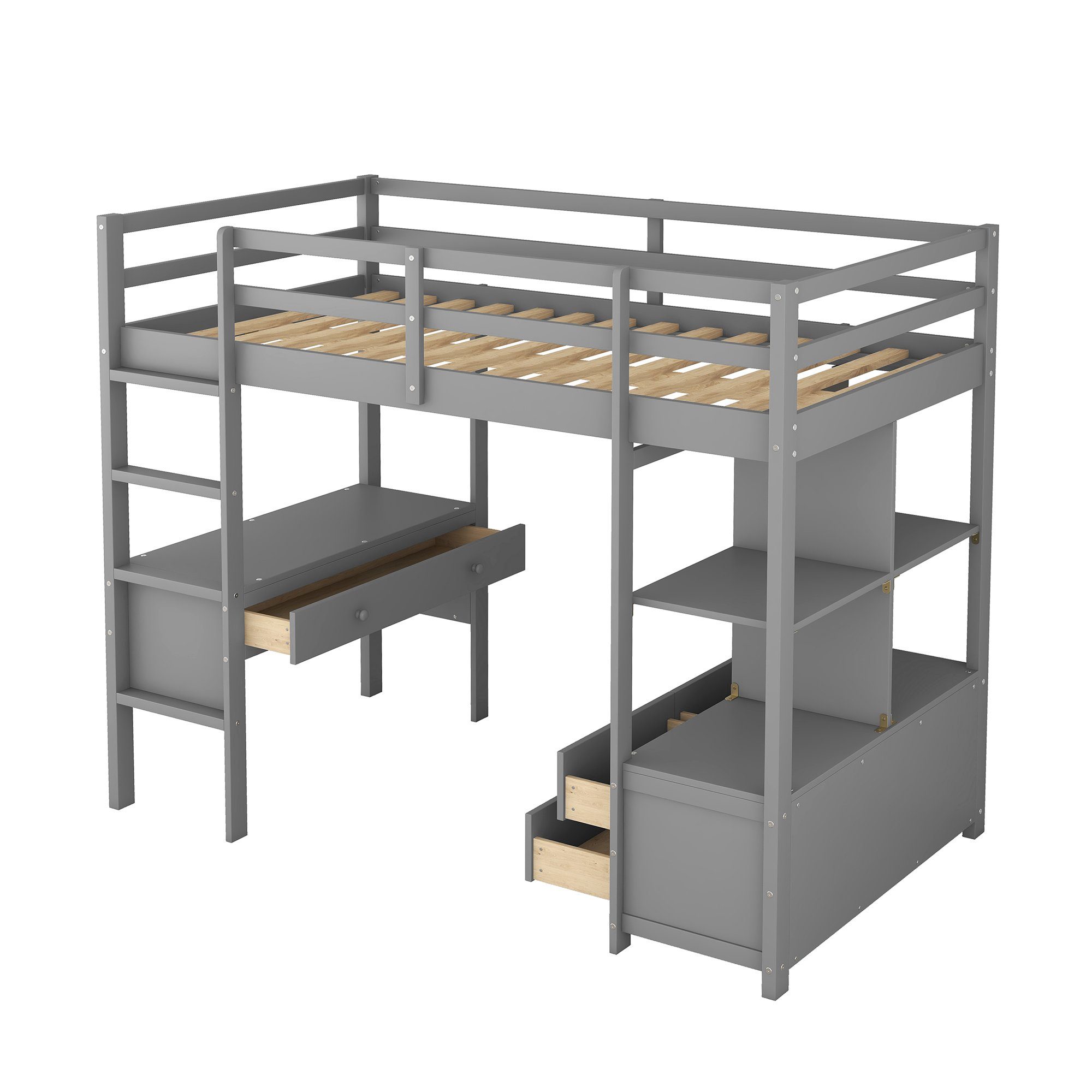 Schreibtisch Flieks Kiefer mit Kinderbett grau Stauraumregal & 90x200cm Hochbett