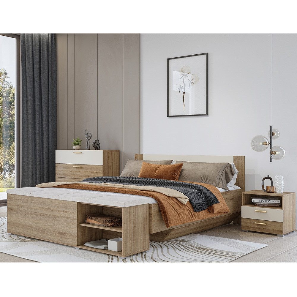 Lomadox Schlafzimmer-Set VARESE-83, (Spar-Set, 4-tlg., Bett klappbarer Lattenrost Kommode Nachtkommode Sitztruhe), Eiche mit beige inkl. Lattenrost Bettkasten 160x200cm Liegefläche